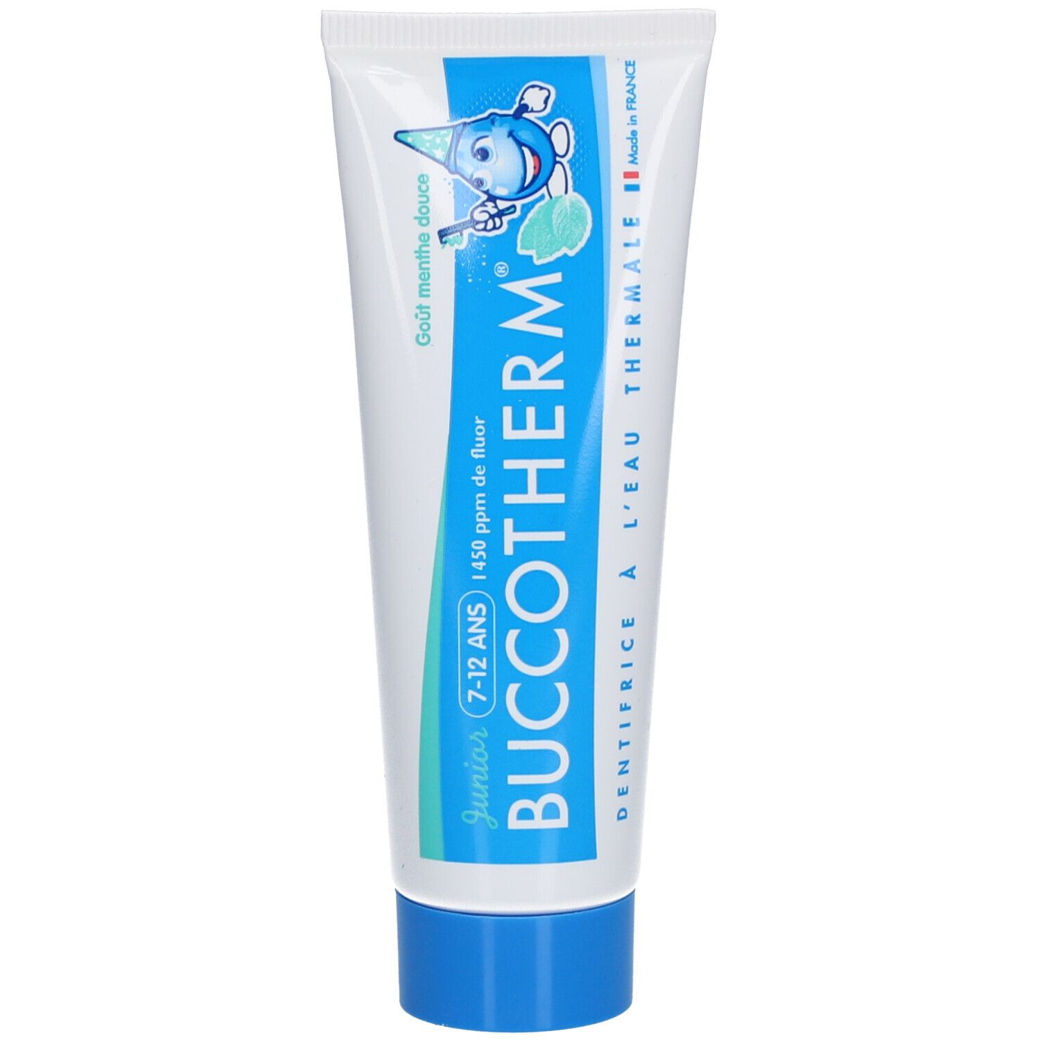Tube de dentifrice blanc, bouchon bleu. Inscription: BUCCOTHERM Junior 7-12 ANS, 1450 ppm de fluor. Fabriqué en France.