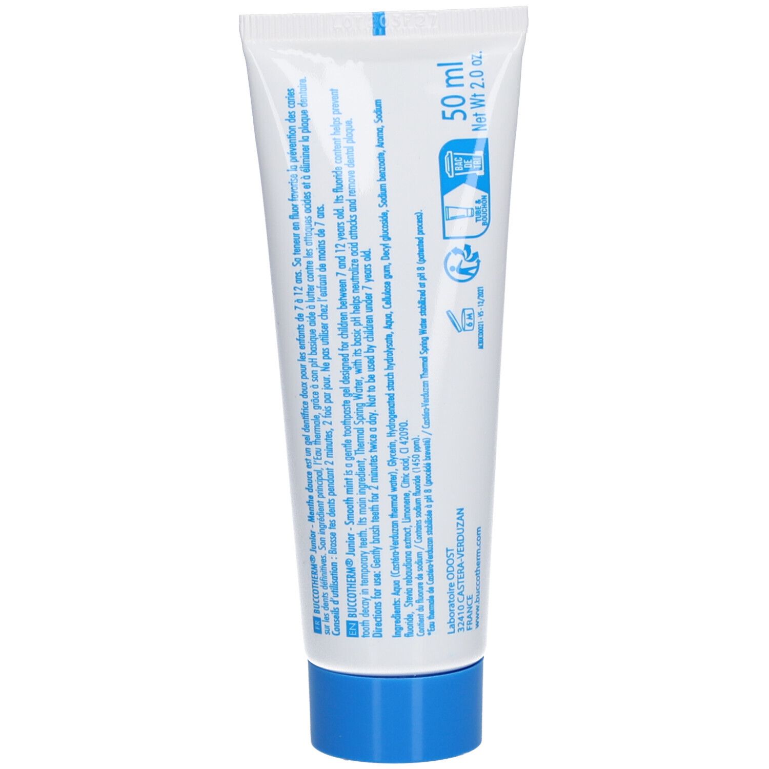 Dos du tube de dentifrice. Contient des informations sur les ingrédients et l'utilisation. 50 ml, 2.0 fl. oz. Fabriqué en France.