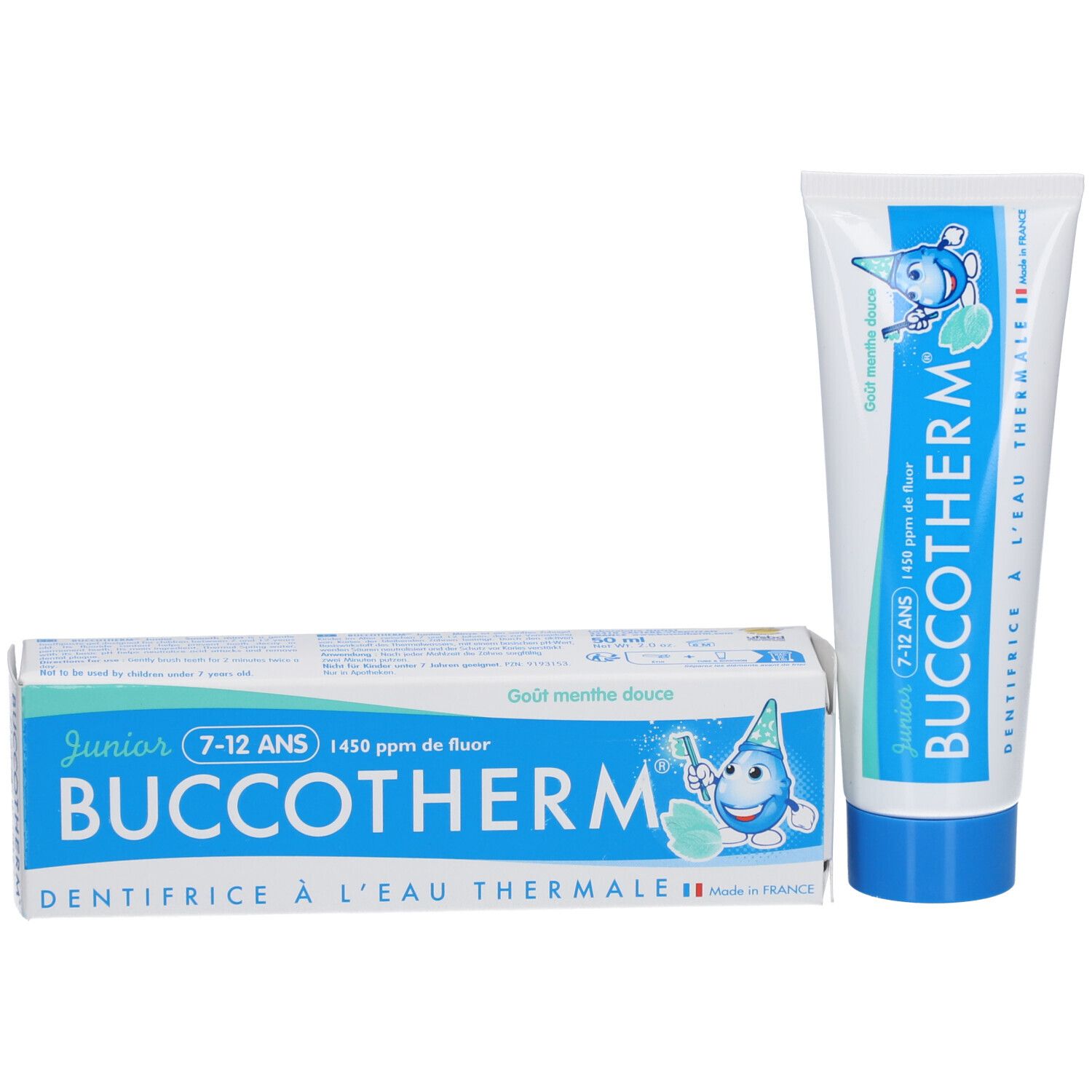 Tube de dentifrice et boîte. Inscription: BUCCOTHERM Junior 7-12 ANS, 1450 ppm de fluor. Fabriqué en France. Boîte avec nom du produit.