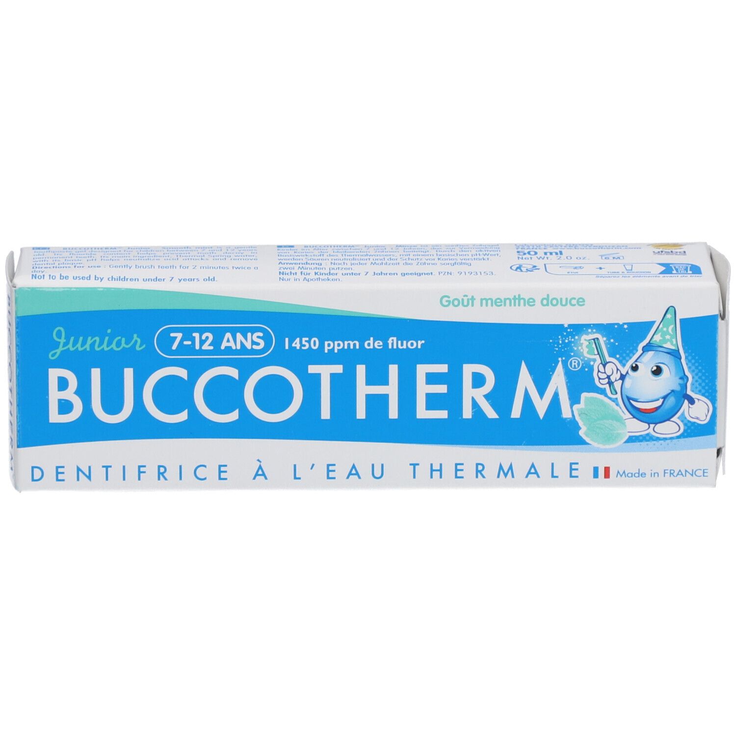 Boîte de dentifrice, bleu et blanc. Inscription: BUCCOTHERM Junior 7-12 ANS, 1450 ppm de fluor. Goût: menthe. Fabriqué en France.