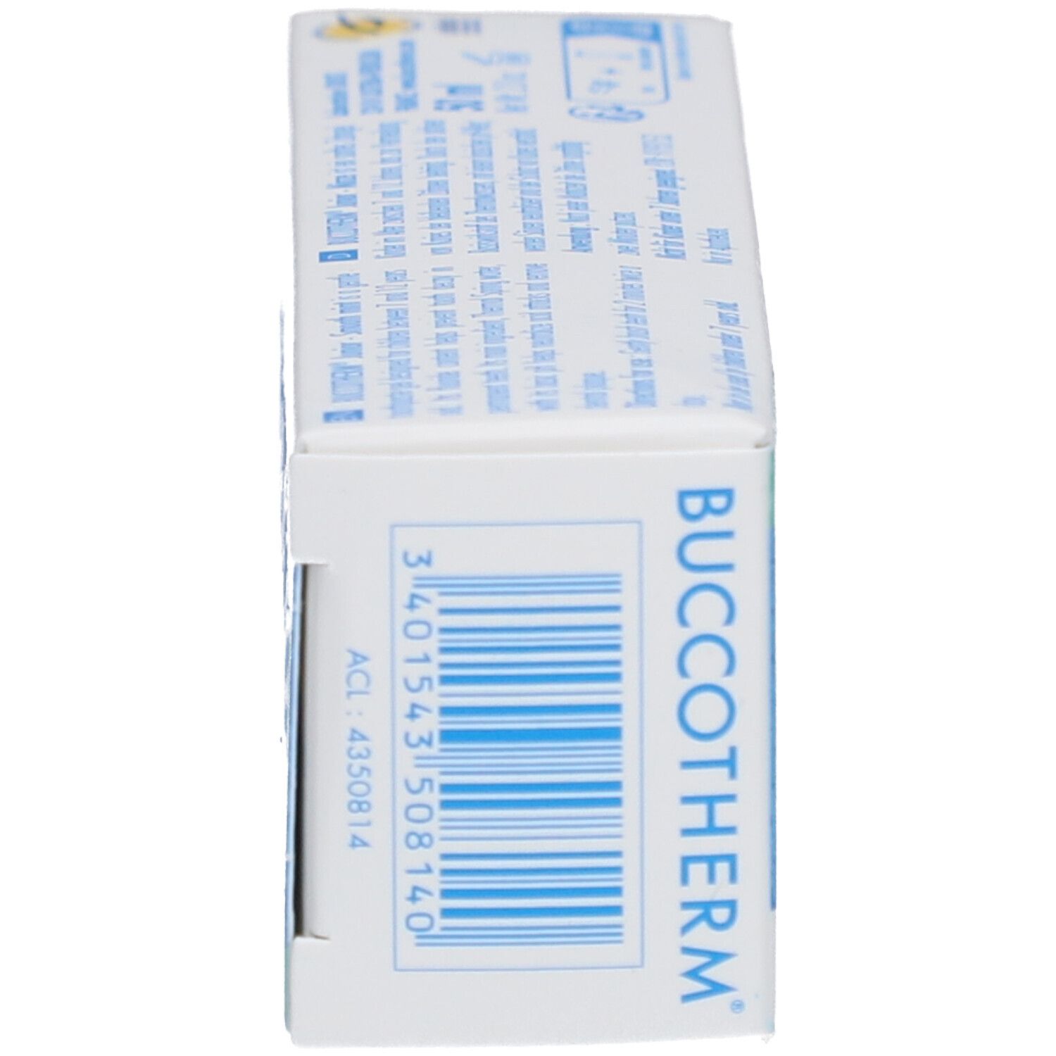 Côté de la boîte de dentifrice. Code-barres et nom du produit BUCCOTHERM. ACL: 4350814.