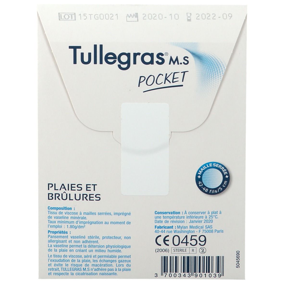 T​ulle Gras MS Pocket, Pansement gras protecteur, vaseliné, stérile