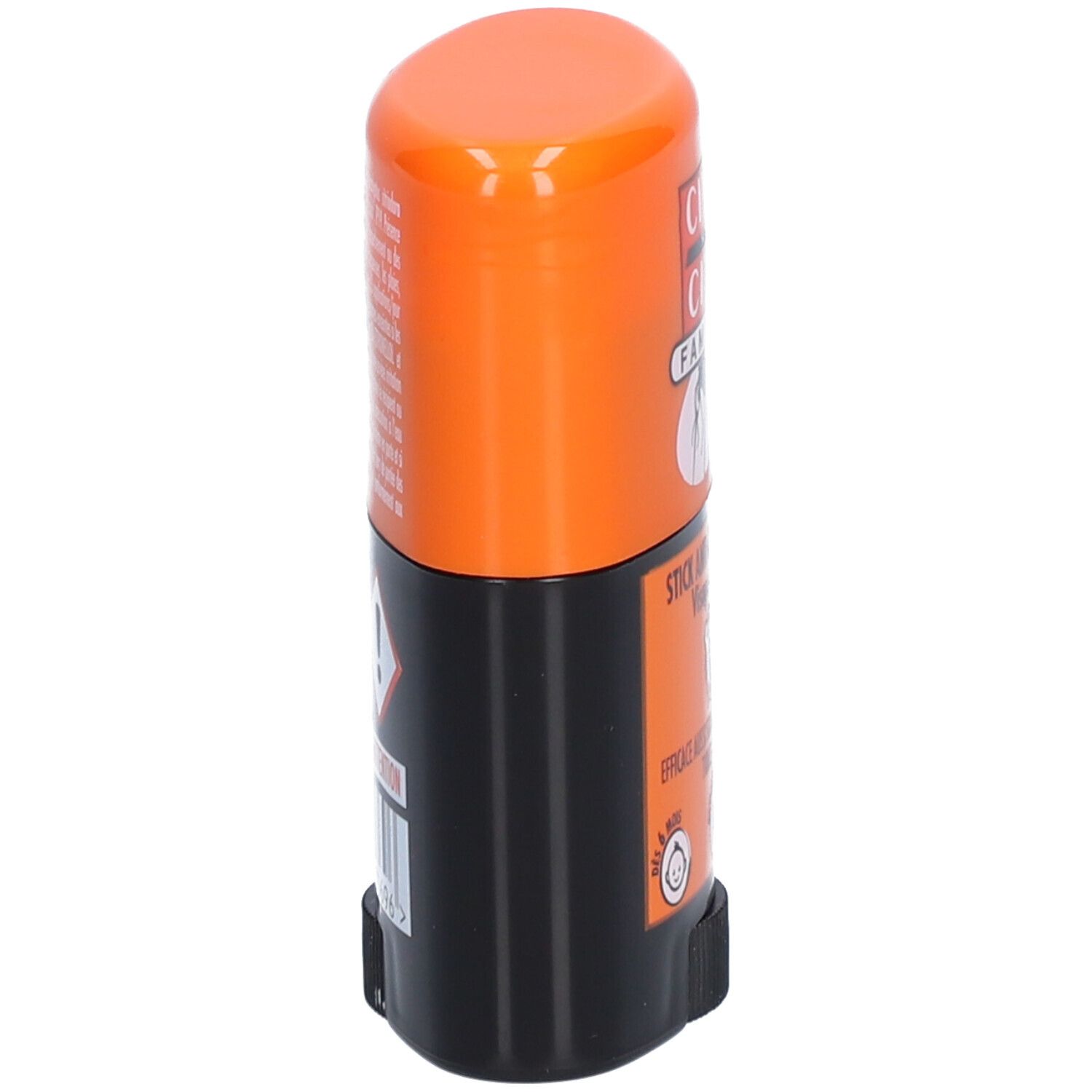 Oranje en zwarte anti-muggenstick. Opschrift: CINQ SUR CINQ FAMILLE, STICK ANTI-MOUSTIQUES. Pictogrammen: baby, zwangere vrouw, 8H.