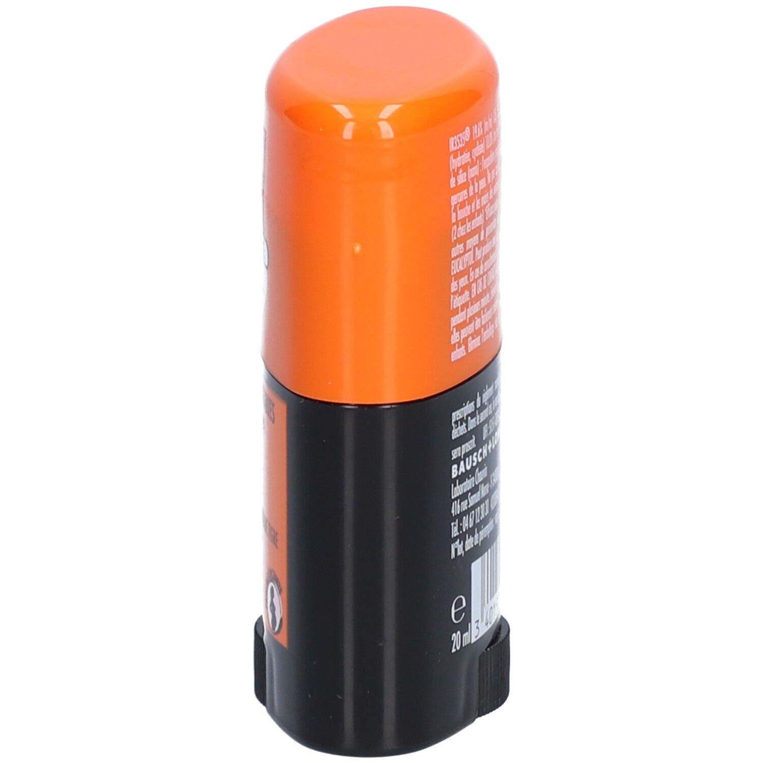 Oranje en zwarte anti-muggenstick. Opschrift: CINQ SUR CINQ FAMILLE, STICK ANTI-MOUSTIQUES. Pictogrammen: baby, zwangere vrouw, 8H.