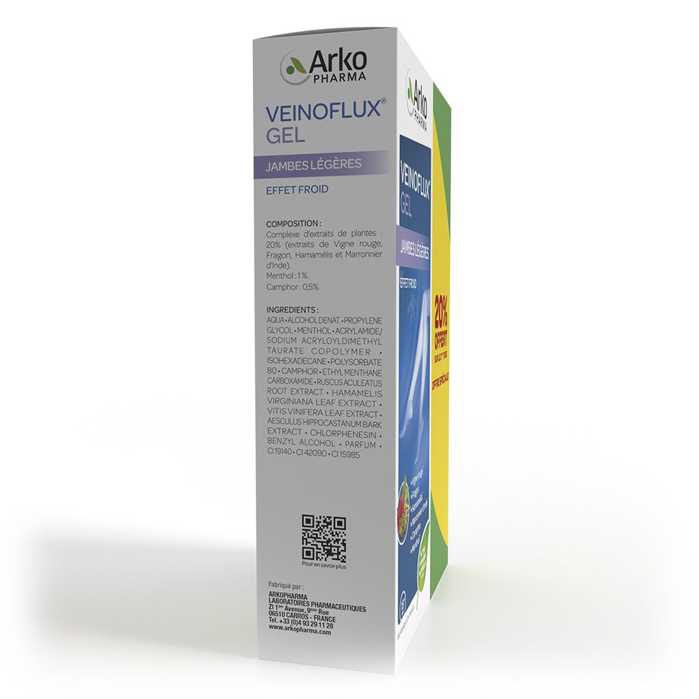 Dos de la boîte de gel VEINOFLUX. Ingrédients et composition. Code QR et coordonnées du fabricant.