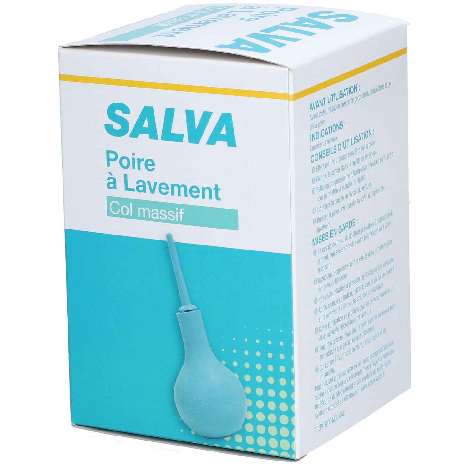 Boîte SALVA, poire à lavement rectal. Boîte turquoise et blanche avec nom du produit et illustration de la poire.