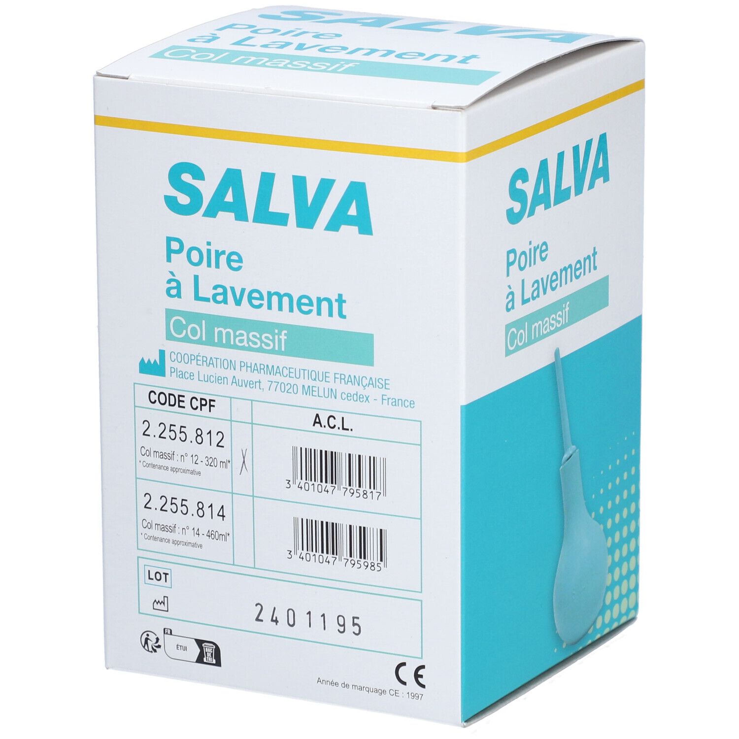 Boîte SALVA, poire à lavement rectal. Boîte turquoise et blanche avec informations produit et code-barres.