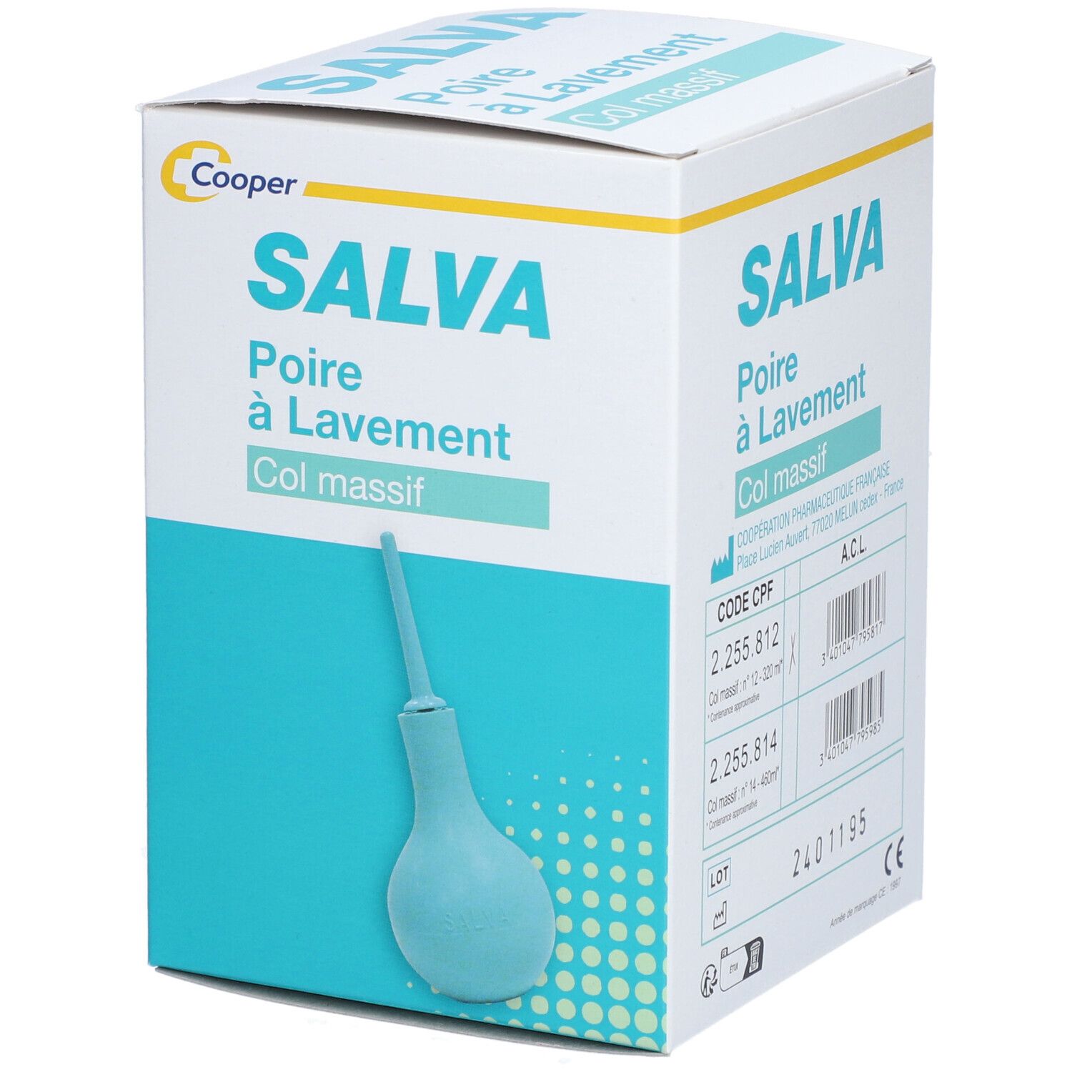 Boîte SALVA, poire à lavement rectal. Boîte turquoise et blanche avec nom du produit et logo Cooper.