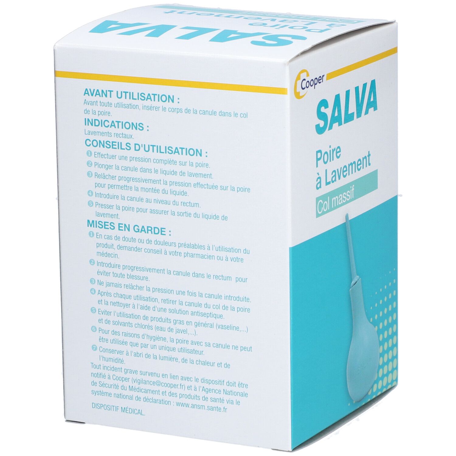 Boîte SALVA, poire à lavement rectal. Boîte turquoise et blanche avec instructions et logo Cooper.