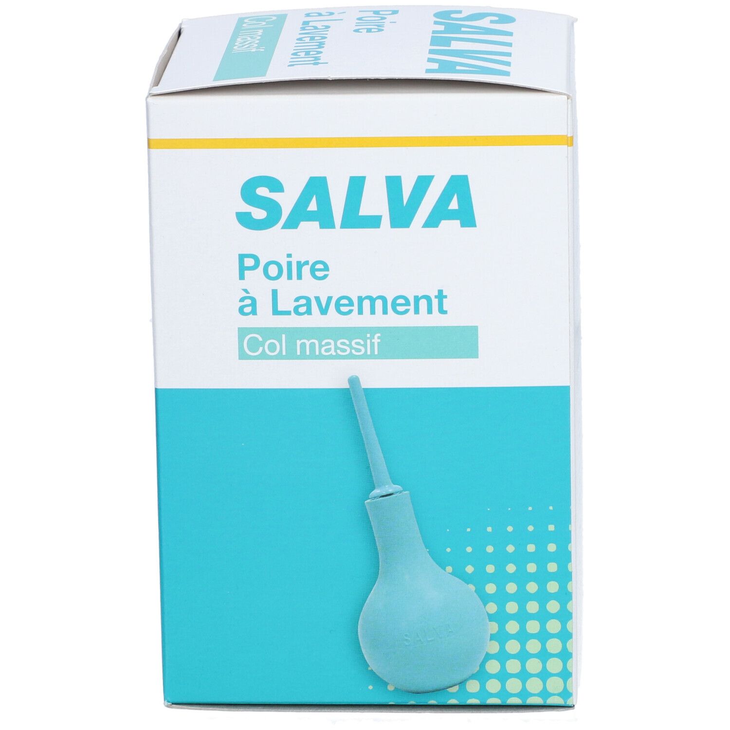 Boîte SALVA, poire à lavement rectal. Boîte turquoise et blanche avec nom du produit et illustration de la poire.