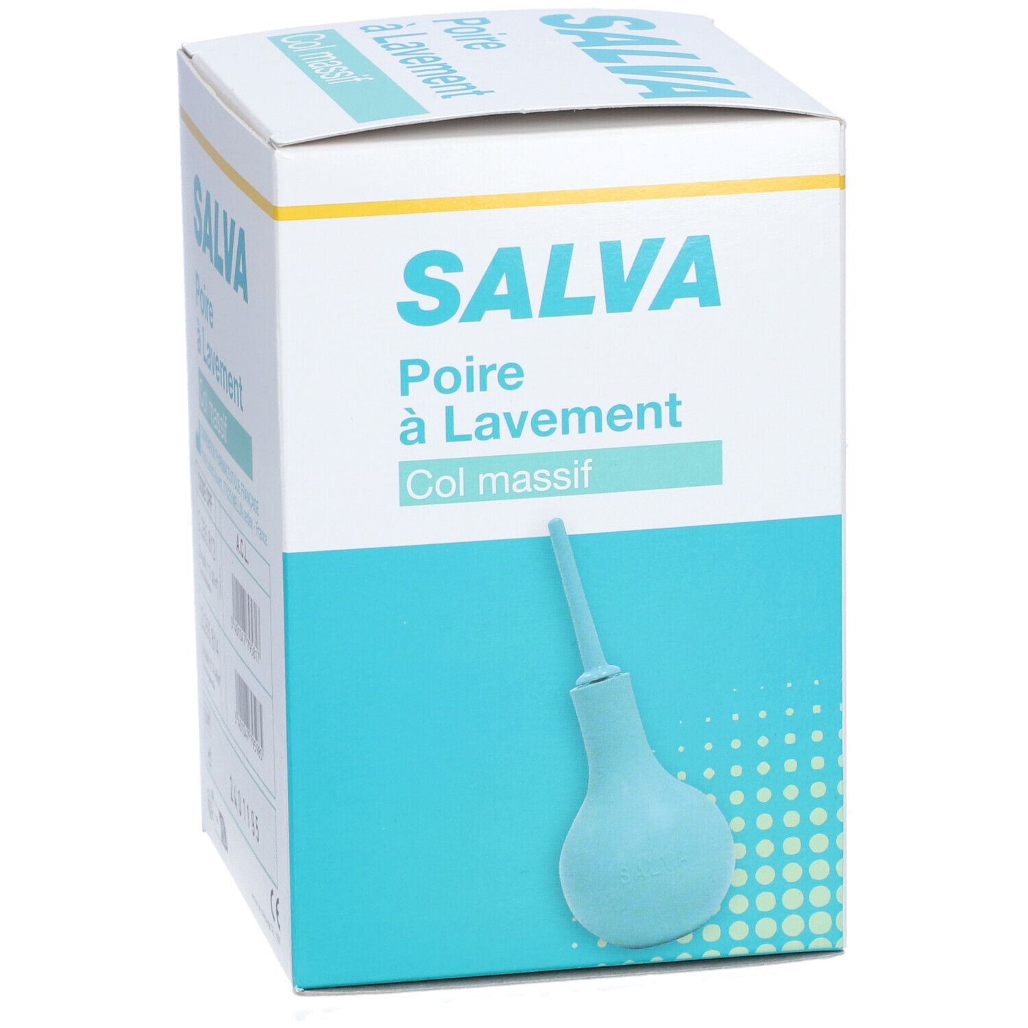 Boîte SALVA, poire à lavement rectal. Boîte turquoise et blanche avec nom du produit et illustration de la poire.