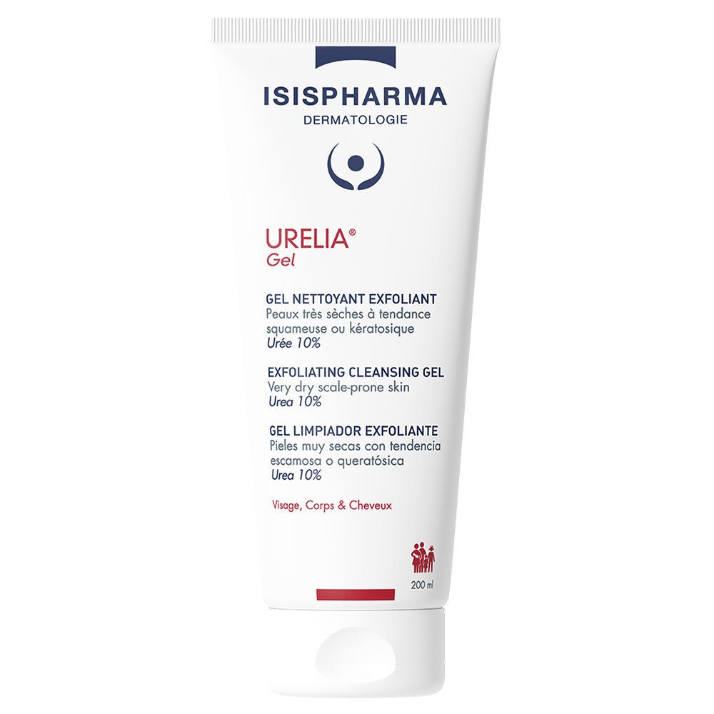 Witte tube ISISPHARMA Urelia Gel. Meertalige tekst, waaronder « Exfoliating Cleansing Gel ». Bevat 10% ureum. Vooraanzicht.