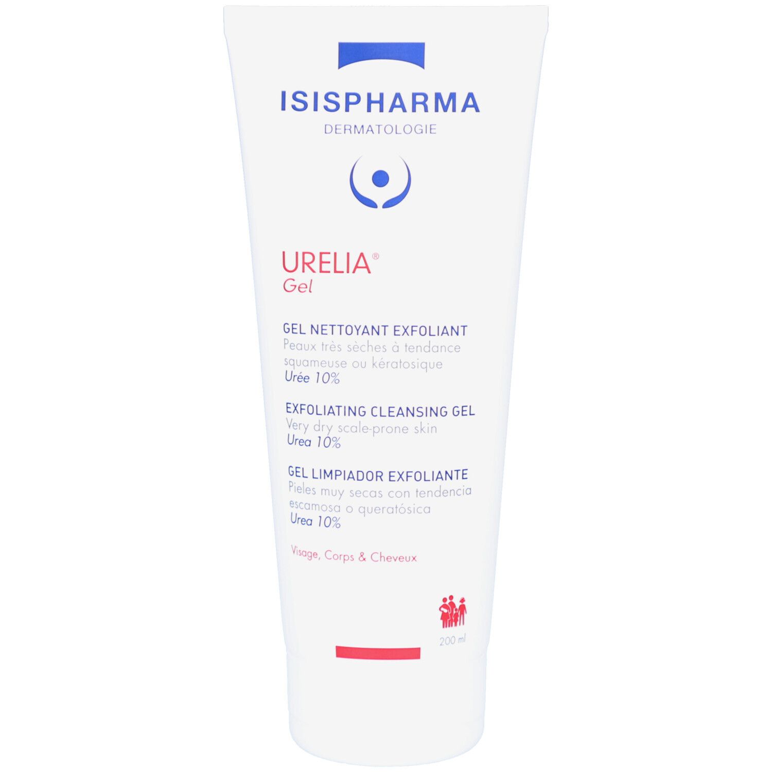 Witte tube ISISPHARMA Urelia Gel. Meertalige tekst, waaronder « Exfoliating Cleansing Gel » en 10% ureum. Vooraanzicht.