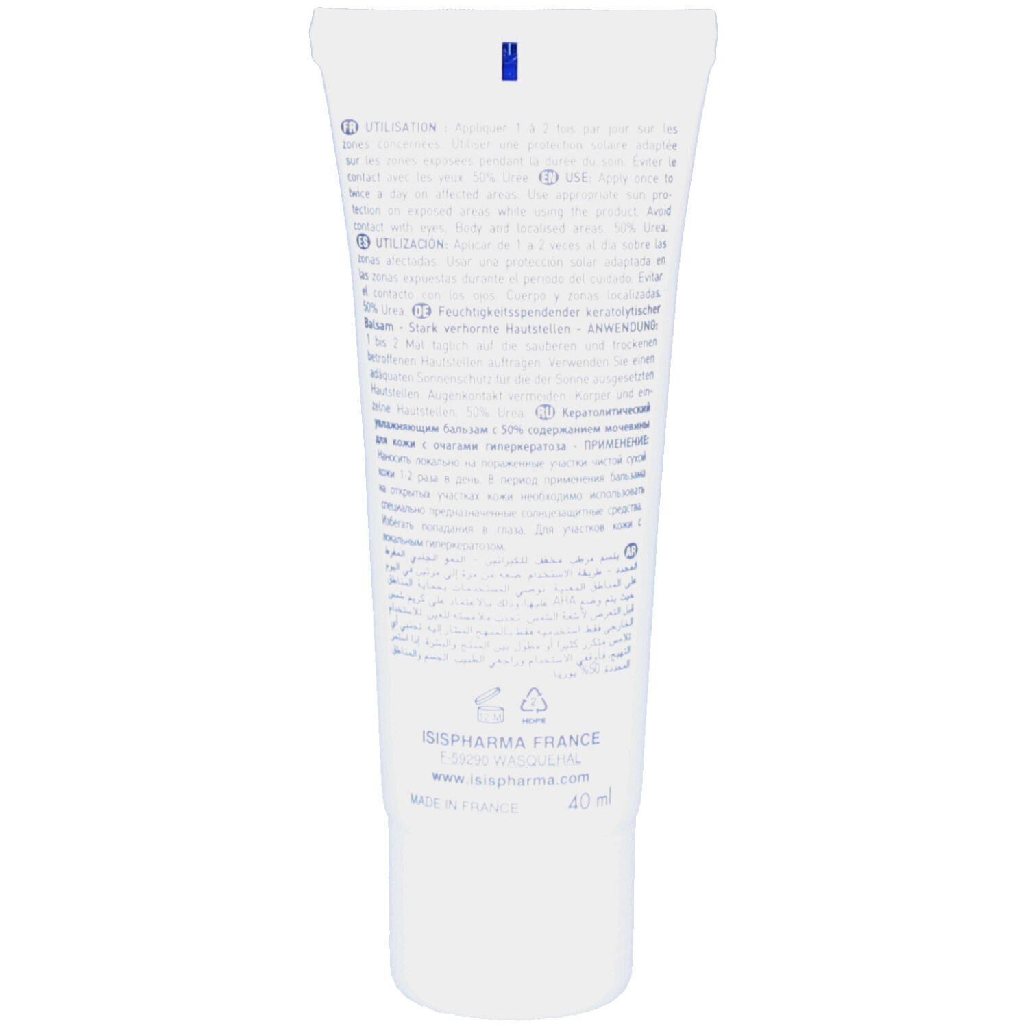 Dos du tube avec texte multilingue. Contient des informations sur l'utilisation et les ingrédients. 40 ml.