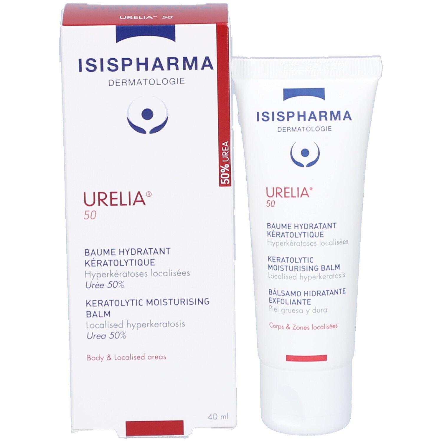 Emballage du produit avec tube et boîte. Boîte avec logo ISISPHARMA, Urelia 50 et informations sur le produit. 40 ml.