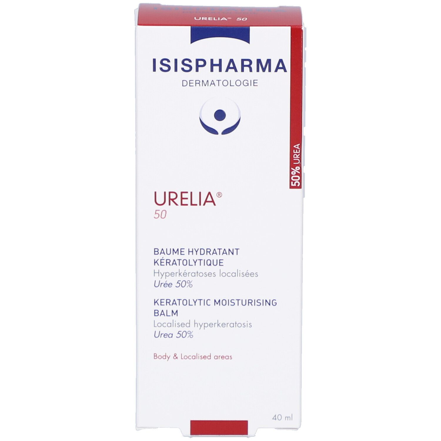 Emballage du produit avec boîte. Boîte avec logo ISISPHARMA, Urelia 50 et informations sur le produit. 40 ml.