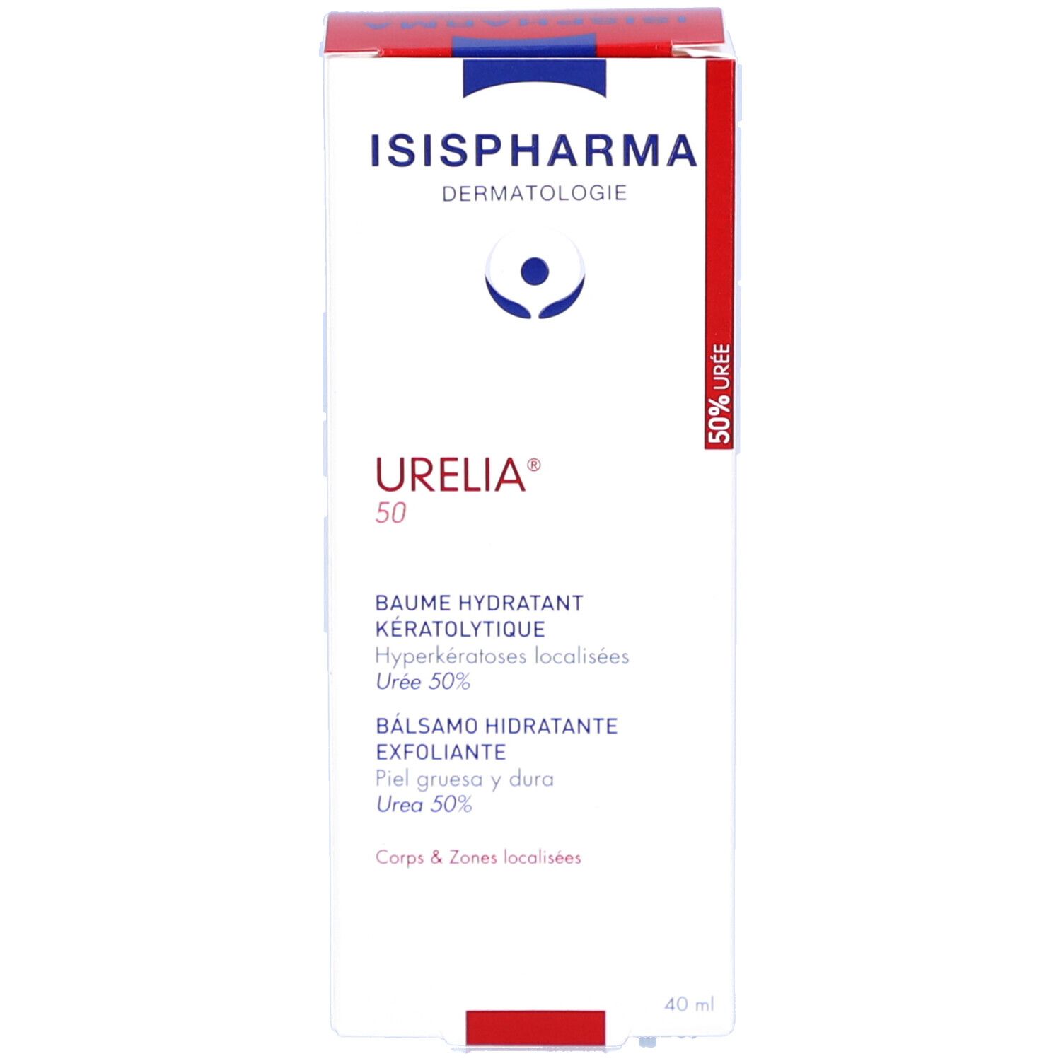 Emballage du produit avec boîte. Boîte avec logo ISISPHARMA, Urelia 50 et informations sur le produit. 40 ml.