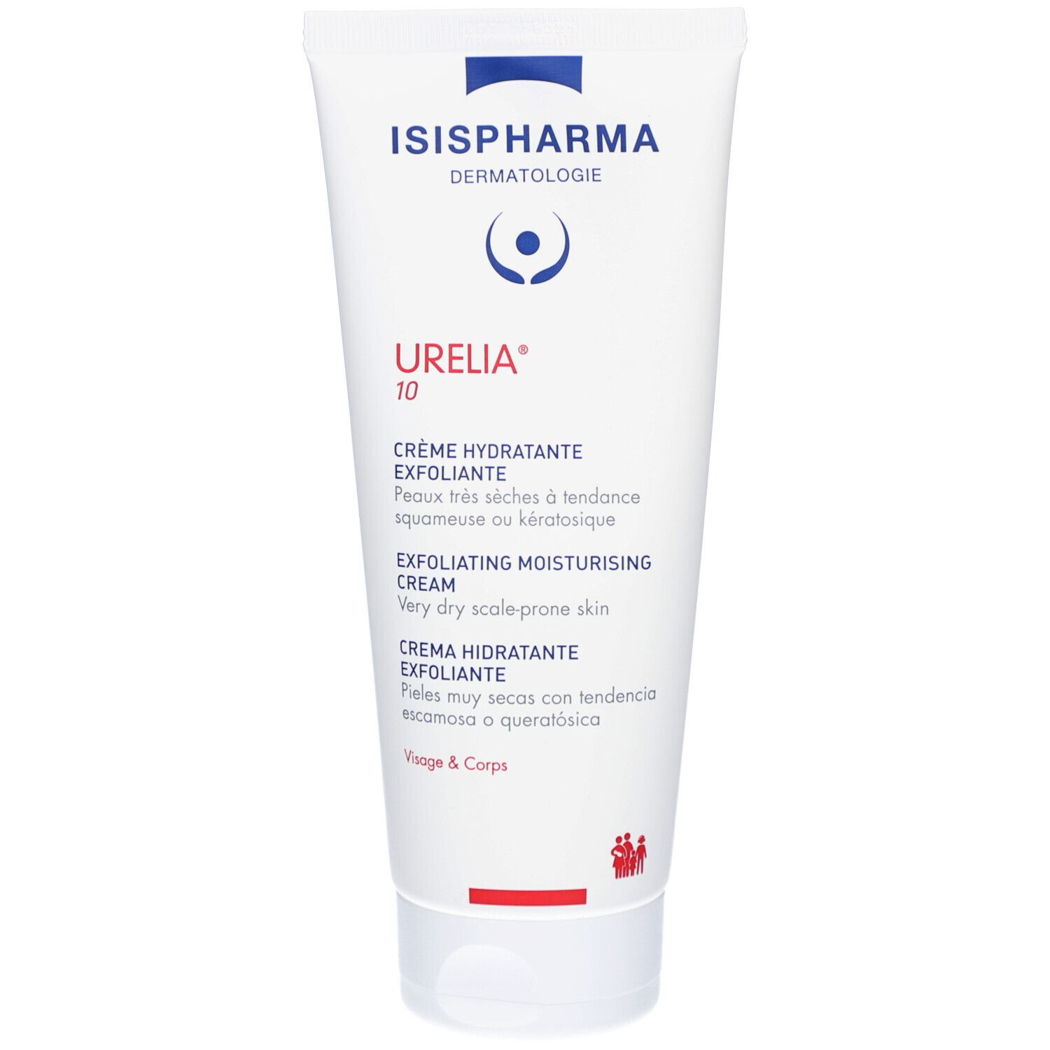 Witte tube met blauwe en rode belettering. Bevat crème. Opschrift: Urelia 10, crème hydratante exfoliante.