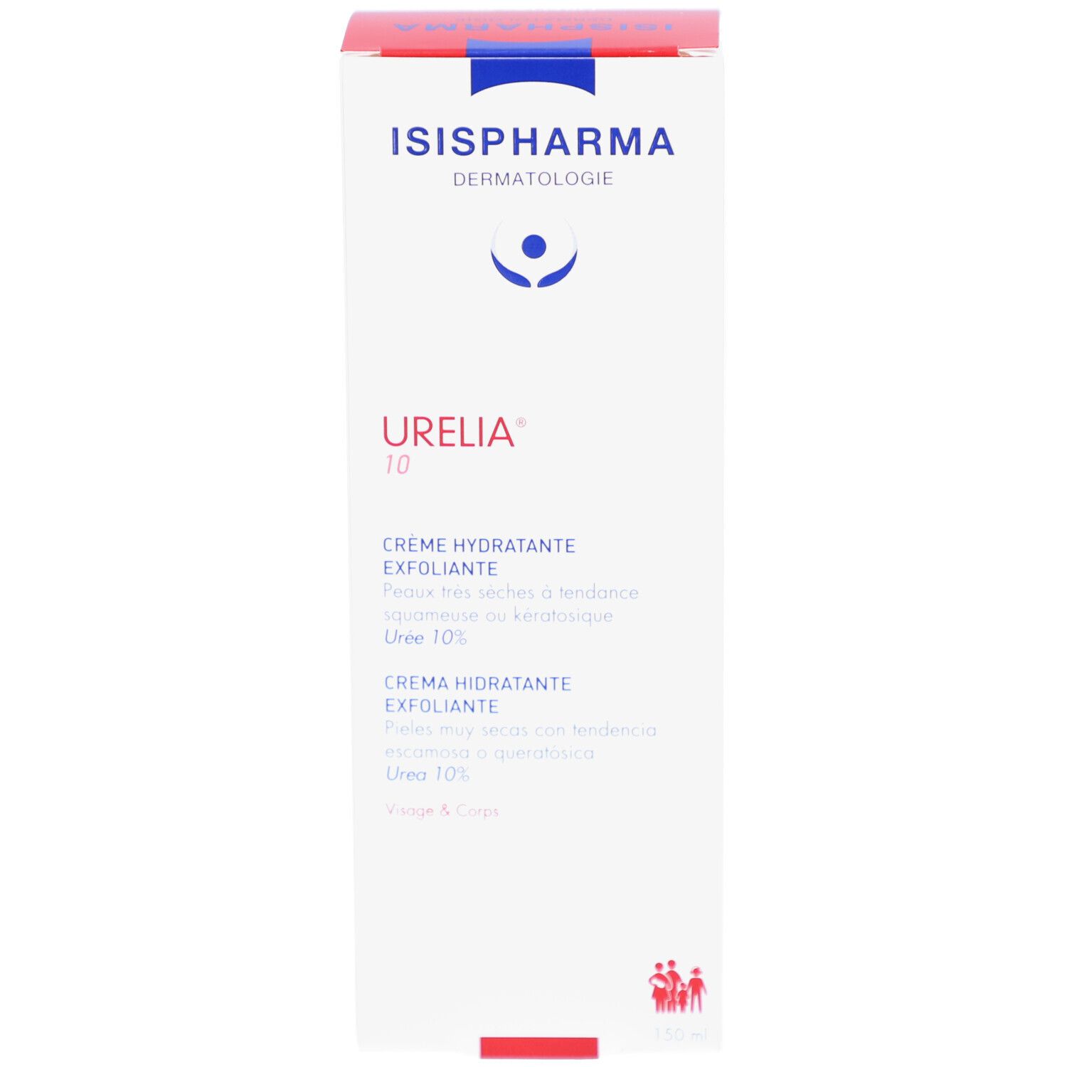 Witte doos met blauwe en rode belettering. Opschrift: Urelia 10, crème hydratante exfoliante. Bevat crème.