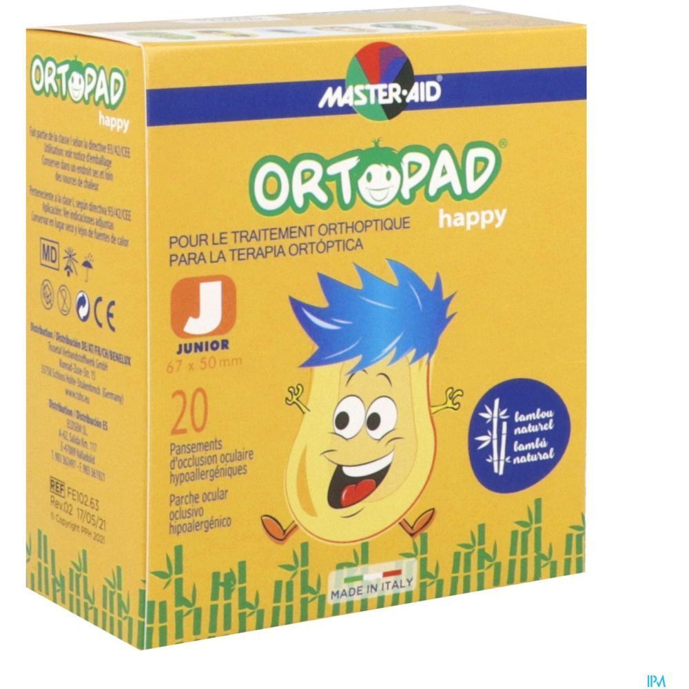 Boîte ORTOPAD Happy Junior. Jaune avec motif de dessin animé. Contient 20 pansements, 67x50mm. Marque MASTER-AID. Hypoallergénique. Logo bambou.