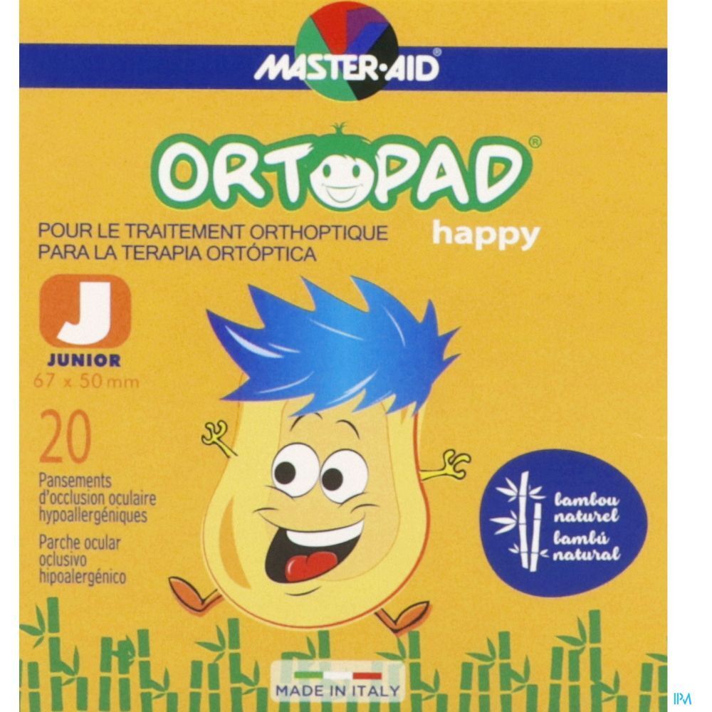 ORTOPAD Happy Junior, 20 pansements, 67x50mm. Emballage jaune avec motif de dessin animé. Marque MASTER-AID. Hypoallergénique.