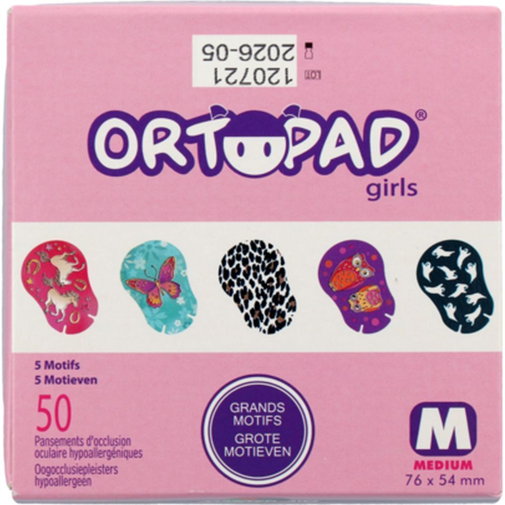 Boîte rose ORTOPAD girls. 50 pansements avec 5 motifs. Taille M: 76 x 54 mm. Hypoallergénique. Inscription: Grands Motifs.