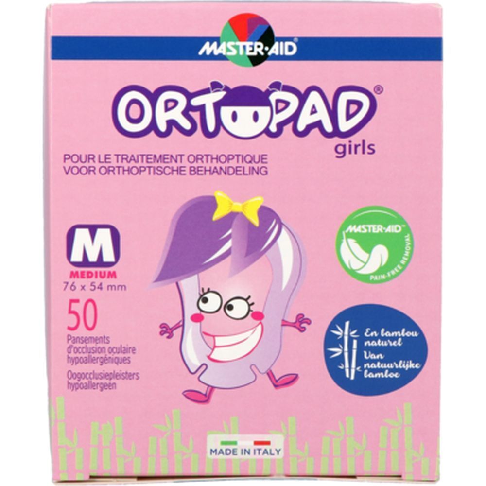 Boîte rose ORTOPAD girls. Taille M: 76 x 54 mm. 50 pansements. Hypoallergénique. Avec illustration. Fabriqué en Italie.