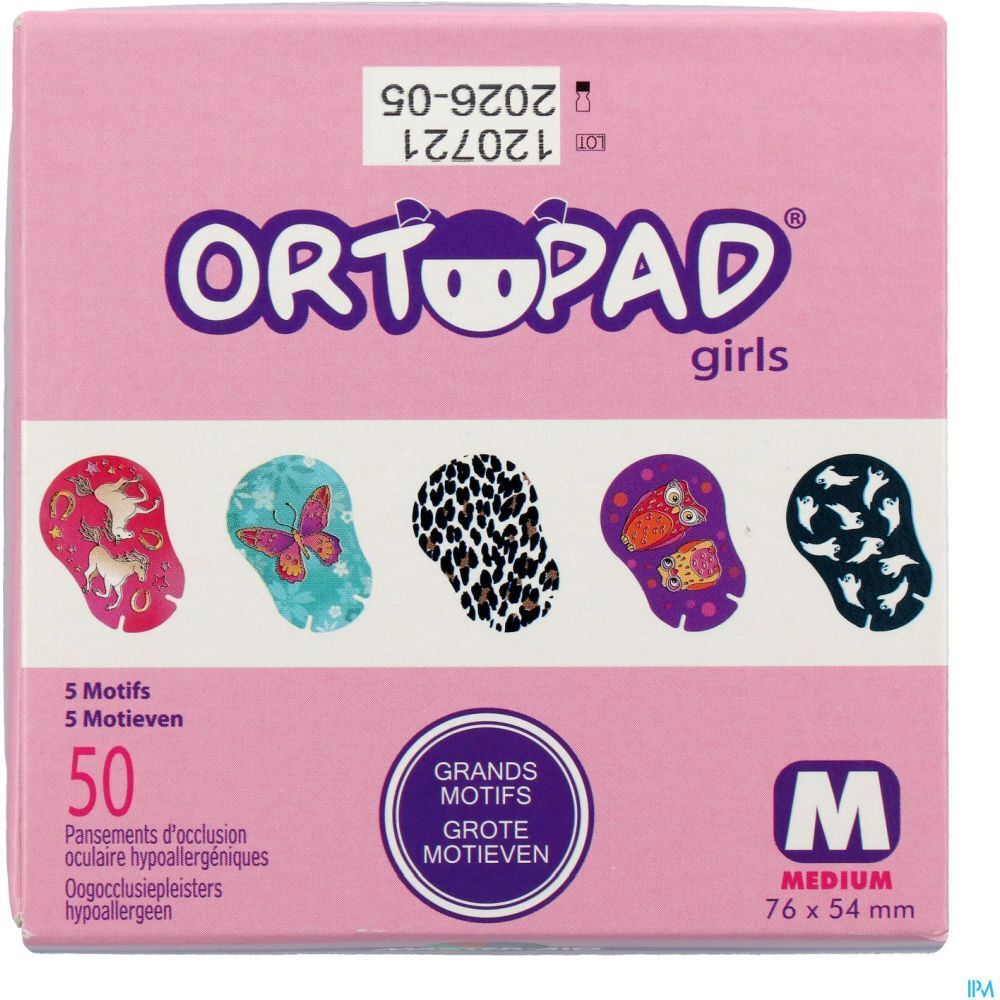 Boîte rose ORTOPAD girls. 50 pansements avec 5 motifs. Taille M: 76 x 54 mm. Hypoallergénique. Inscription: Grands Motifs.