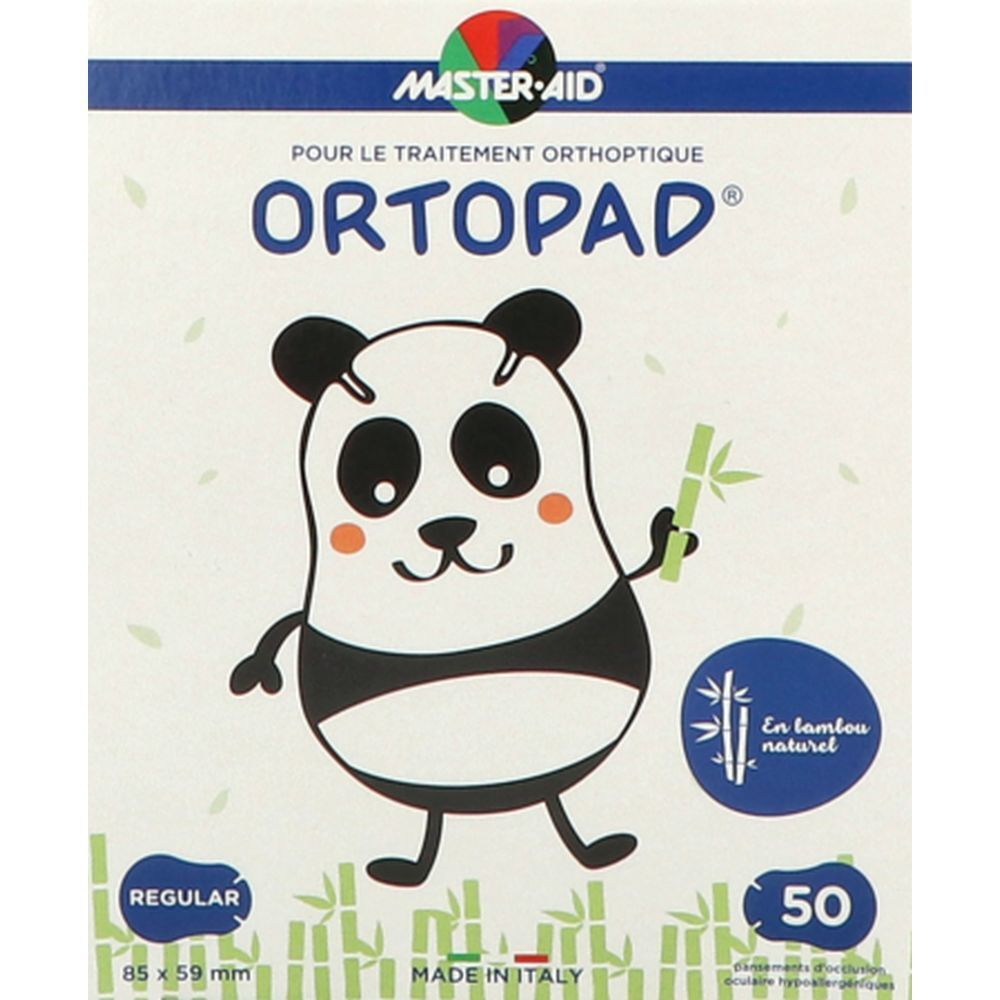 Pansement orthoptique ORTOPAD, 50 unités. Illustration panda. Dimensions : 85 x 59 mm. Fabriqué en Italie.