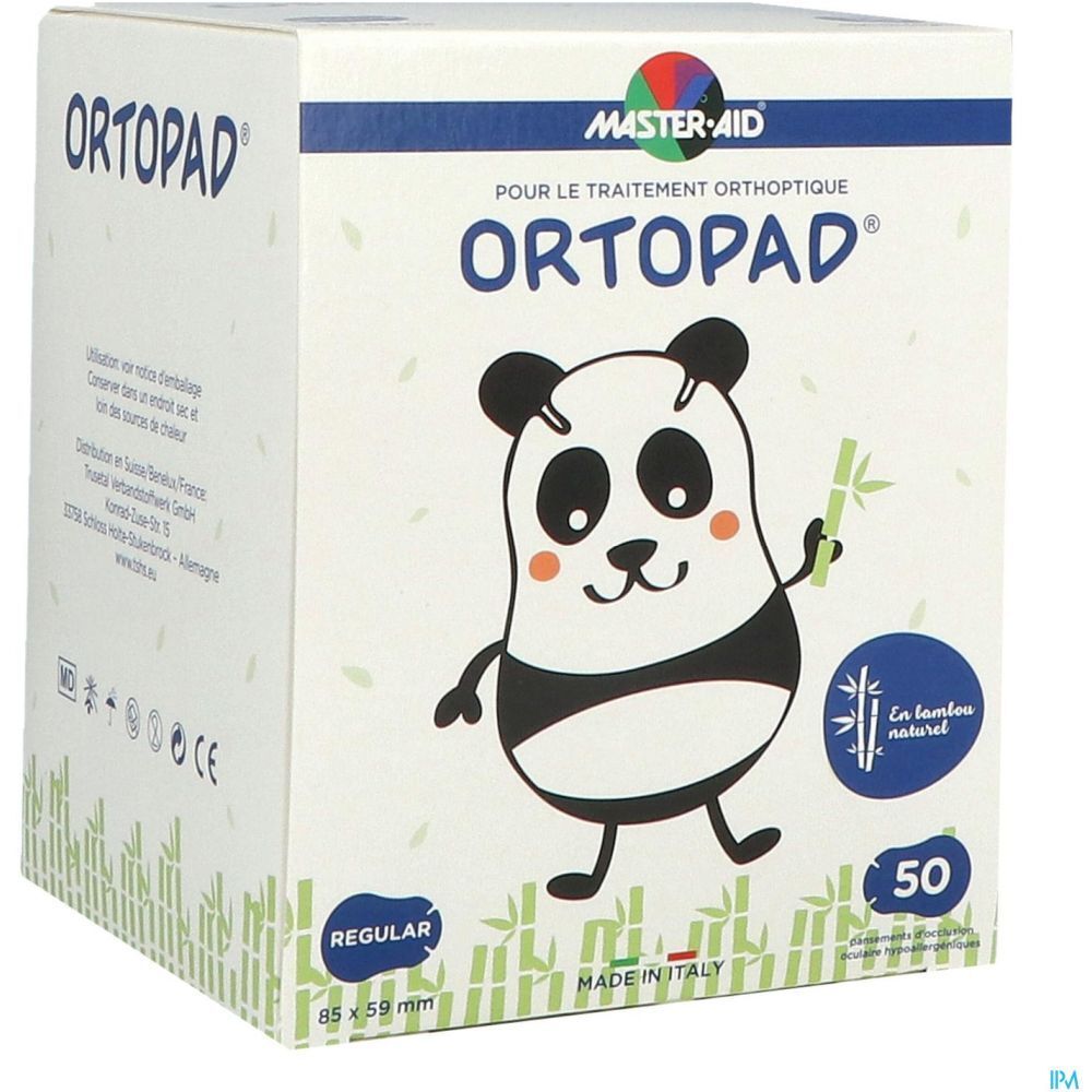 Boîte ORTOPAD. Illustration panda, 50 unités, 85 x 59 mm. Marque MASTER-AID. Fabriqué en Italie.