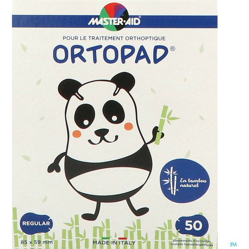 Boîte ORTOPAD. Illustration panda, 50 unités, 85 x 59 mm. Marque MASTER-AID. Fabriqué en Italie.