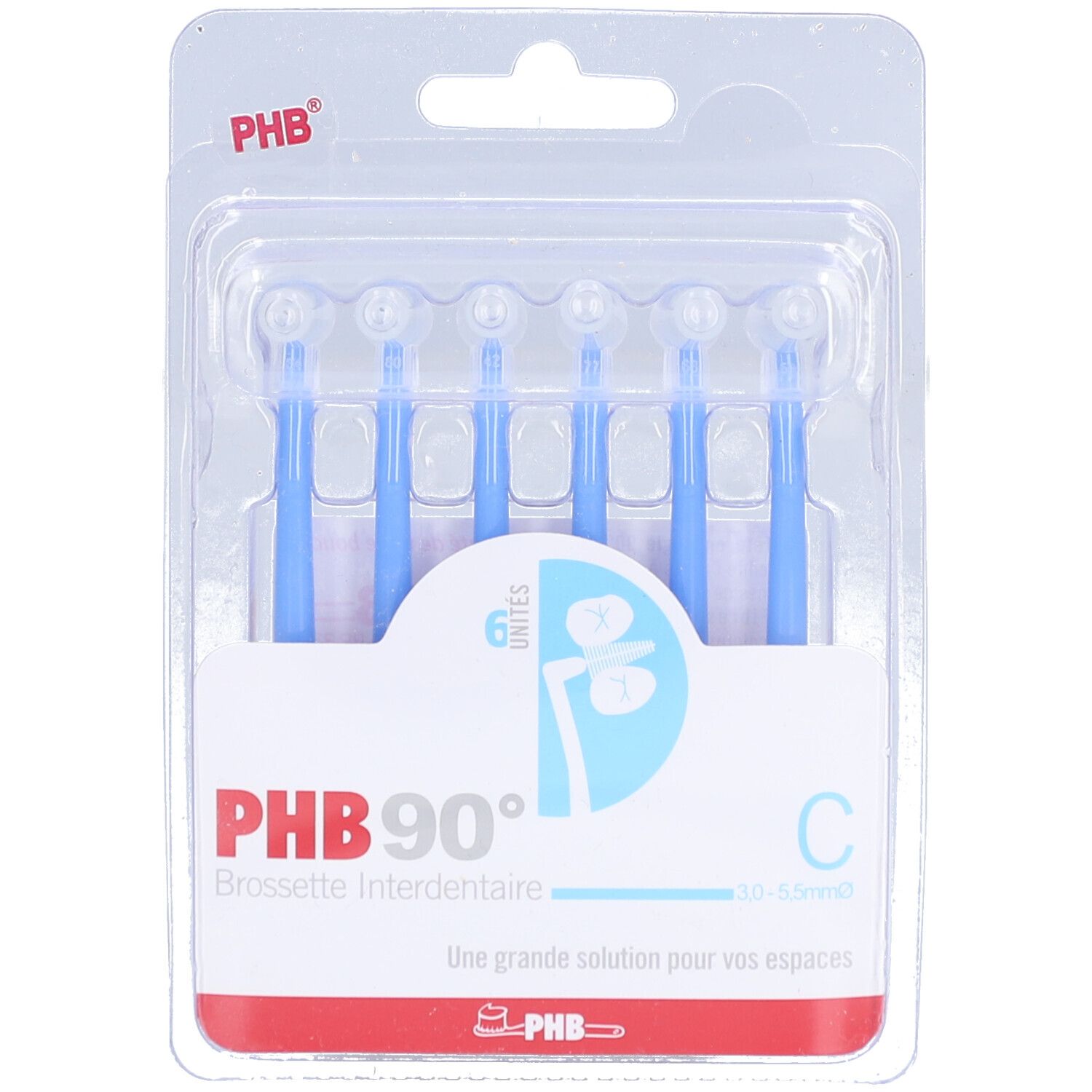 Blisterverpakking met 6 blauwe tandenstokers. Opschrift: PHB 90° Brossette Interdentaire. Maat C: 1.0-5.5mm.