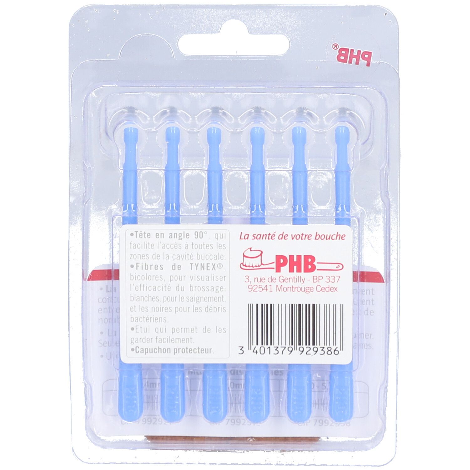 Achterkant van de blisterverpakking met 6 blauwe tandenstokers. Opschrift: PHB, adres. Barcode en informatie.