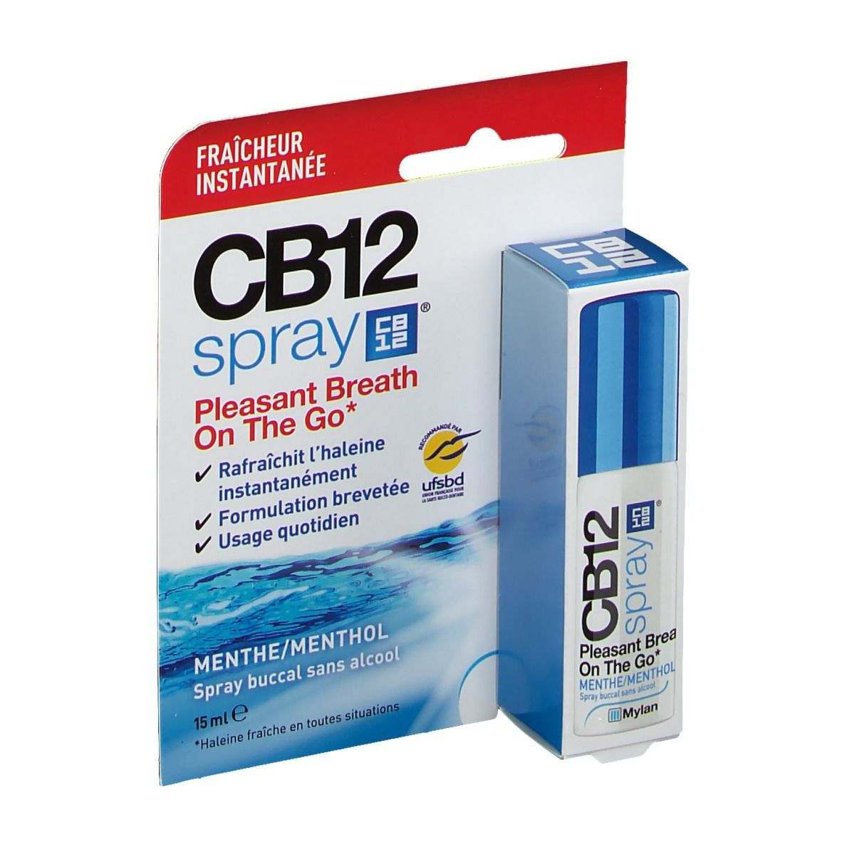 CB12 Spray On The Go mondspray in witte en blauwe verpakking, 15 ml.