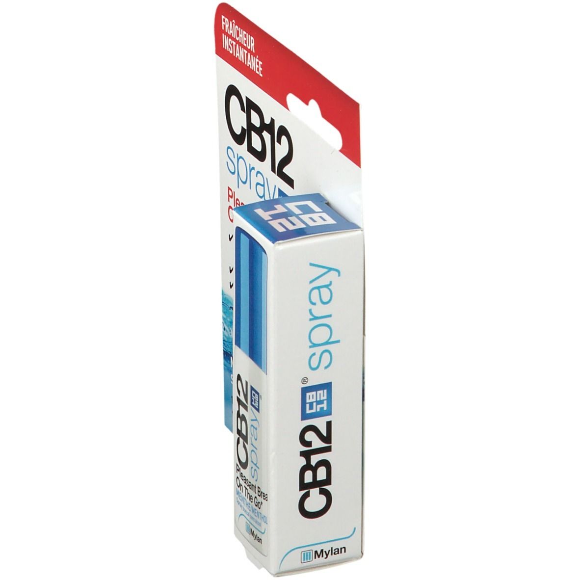 Zijaanzicht van de CB12 Spray On The Go mondspray in witte en blauwe verpakking.
