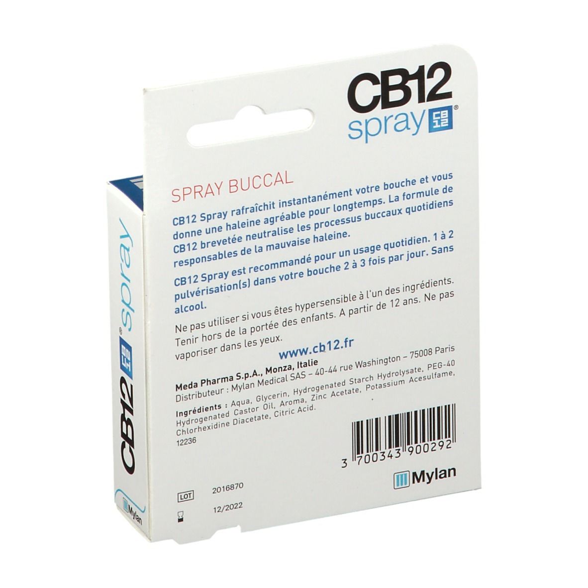 Achterkant van de verpakking van de CB12 Spray On The Go mondspray met productinformatie.