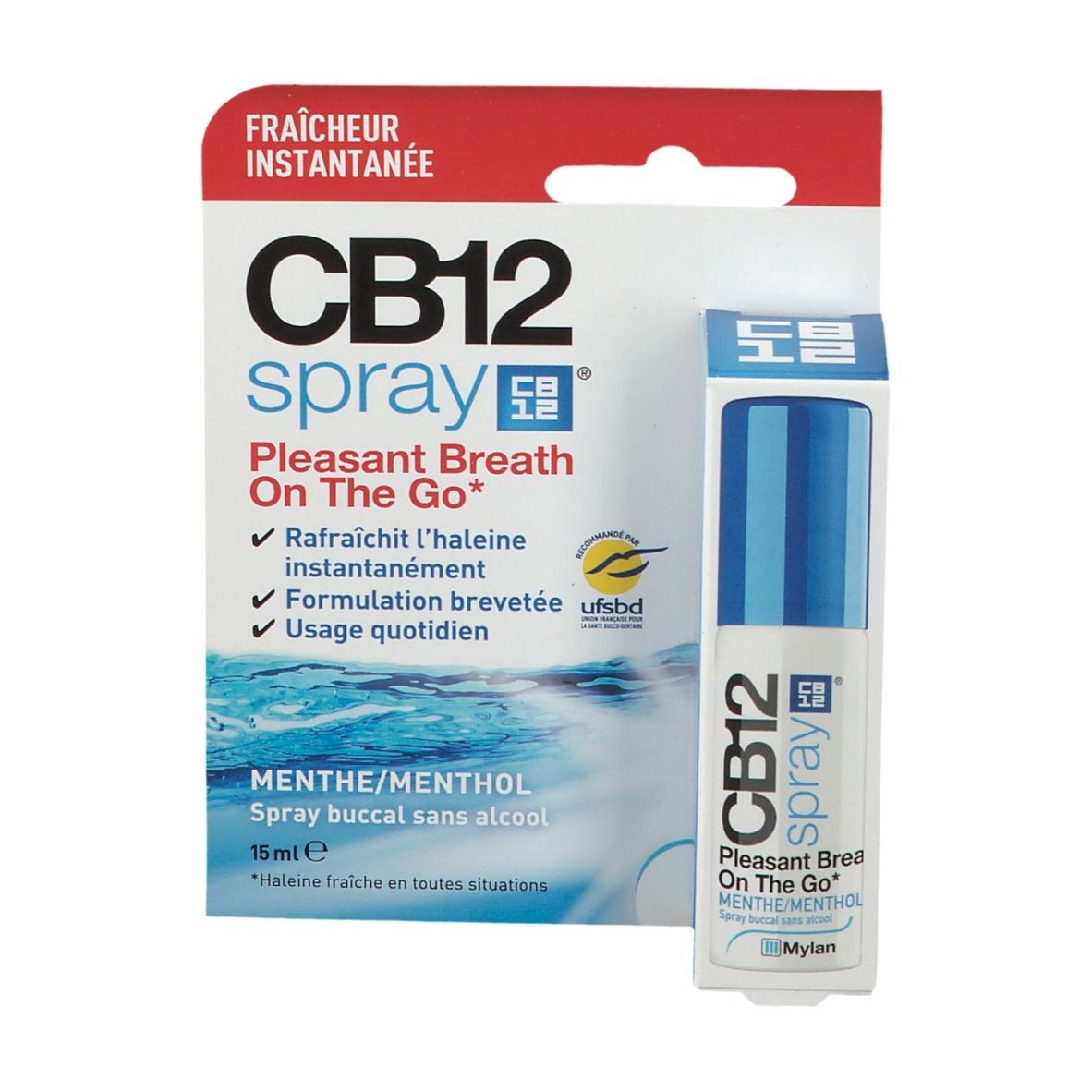 CB12 Spray On The Go mondspray in witte en blauwe verpakking, 15 ml.