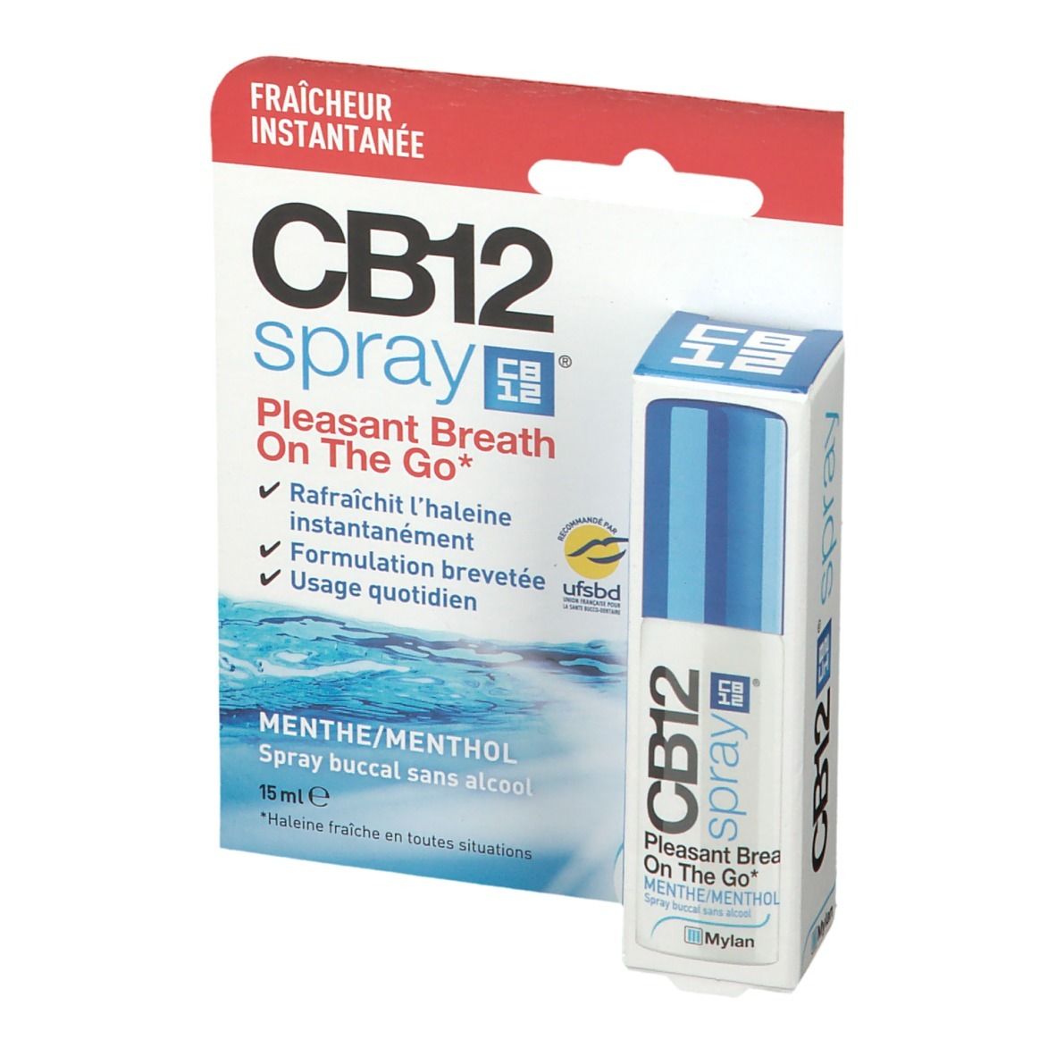 CB12 Spray On The Go mondspray in witte en blauwe verpakking, 15 ml.