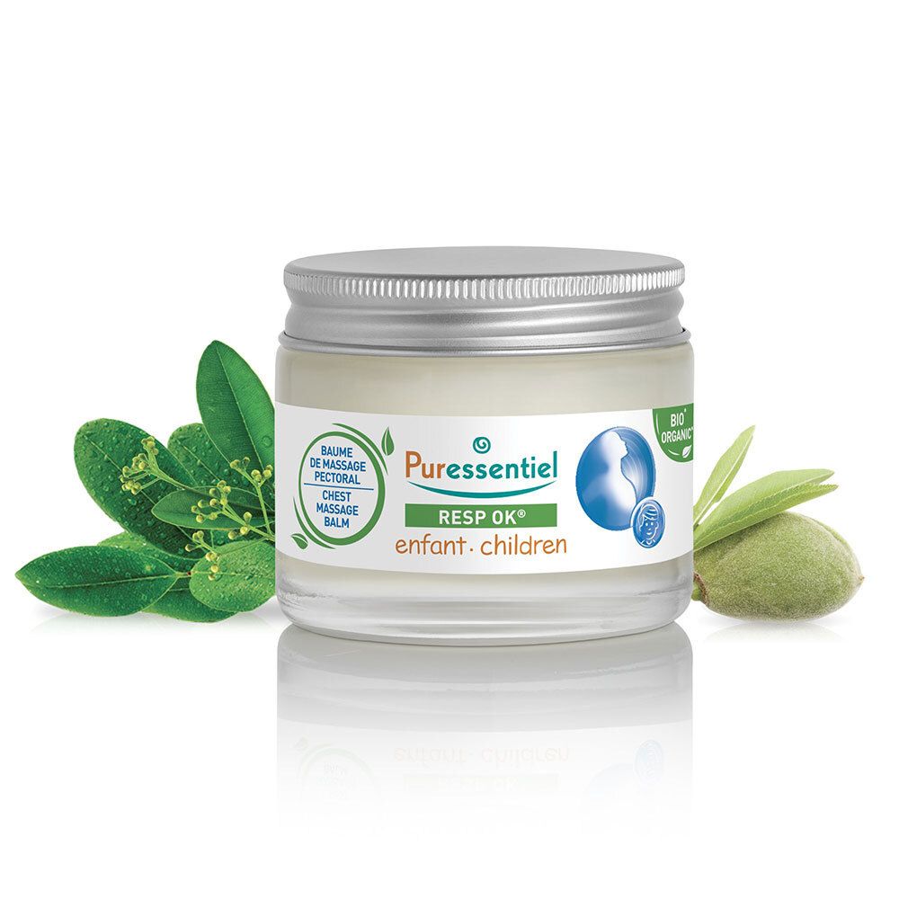 Pot avec couvercle. Inscription: PURESSENTIEL RESP OK® enfant. Certification Bio. Décoration avec feuilles.