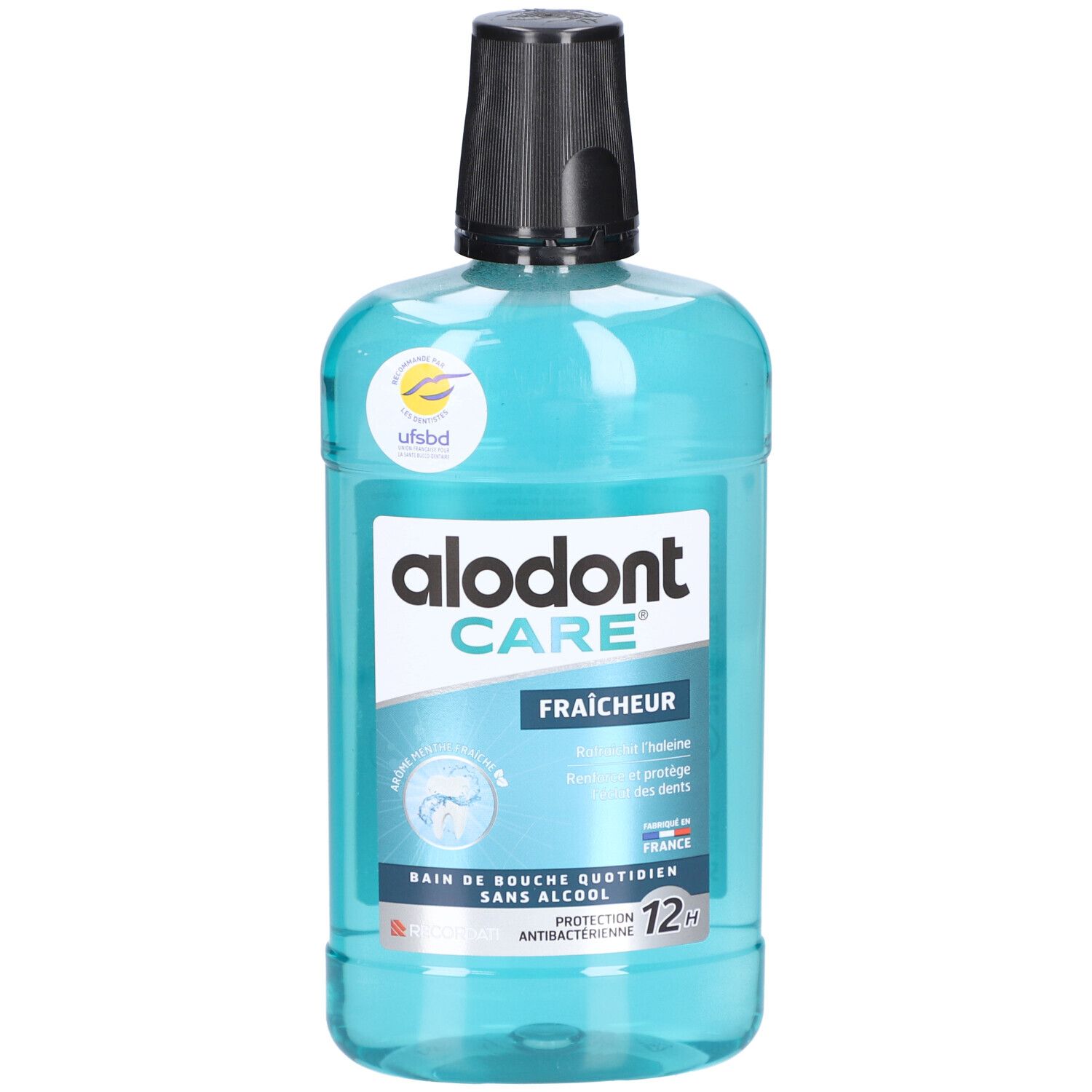 Flacon de bain de bouche bleu, bouchon noir. Inscription: alodont CARE Fraîcheur, sans alcool, protection 12h.