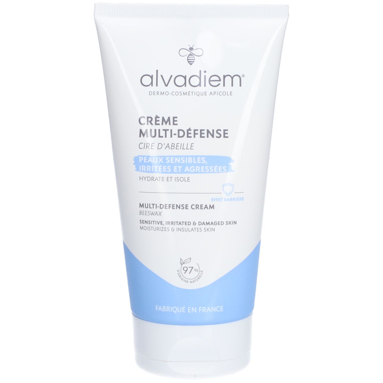 Alvadiem Multi-Défense crème tube. Witte tube met blauwe tekst. Bevat bijenwas. 97% natuurlijke ingrediënten.