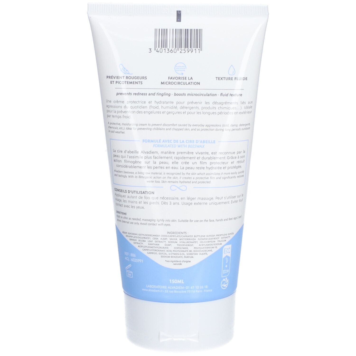Achterkant van de Alvadiem Multi-Défense crème tube. Franse tekst. Barcode bovenaan. Bevat bijenwas. 150ml.