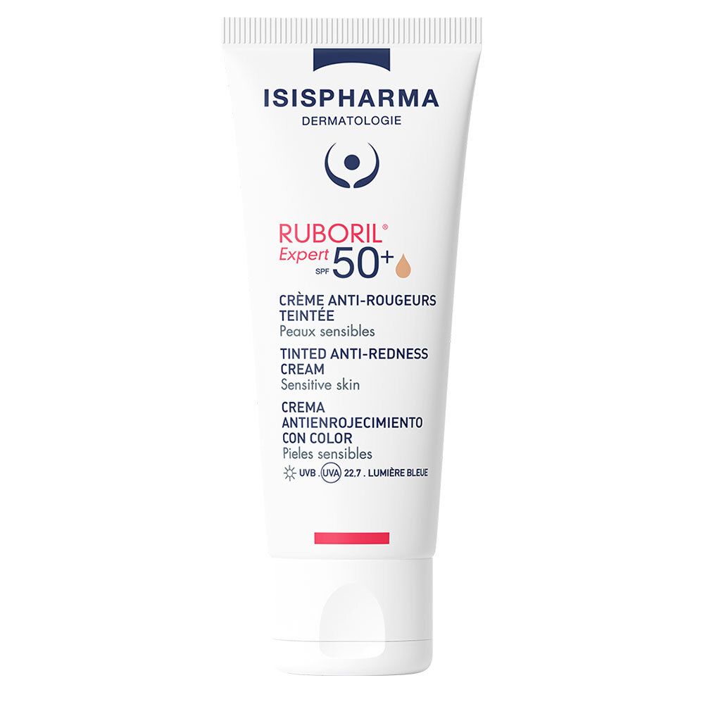 Witte tube ISISPHARMA Ruboril Expert SPF50+. Crème anti-rougeurs teintée, gevoelige huid. UV-bescherming. Witte dop.