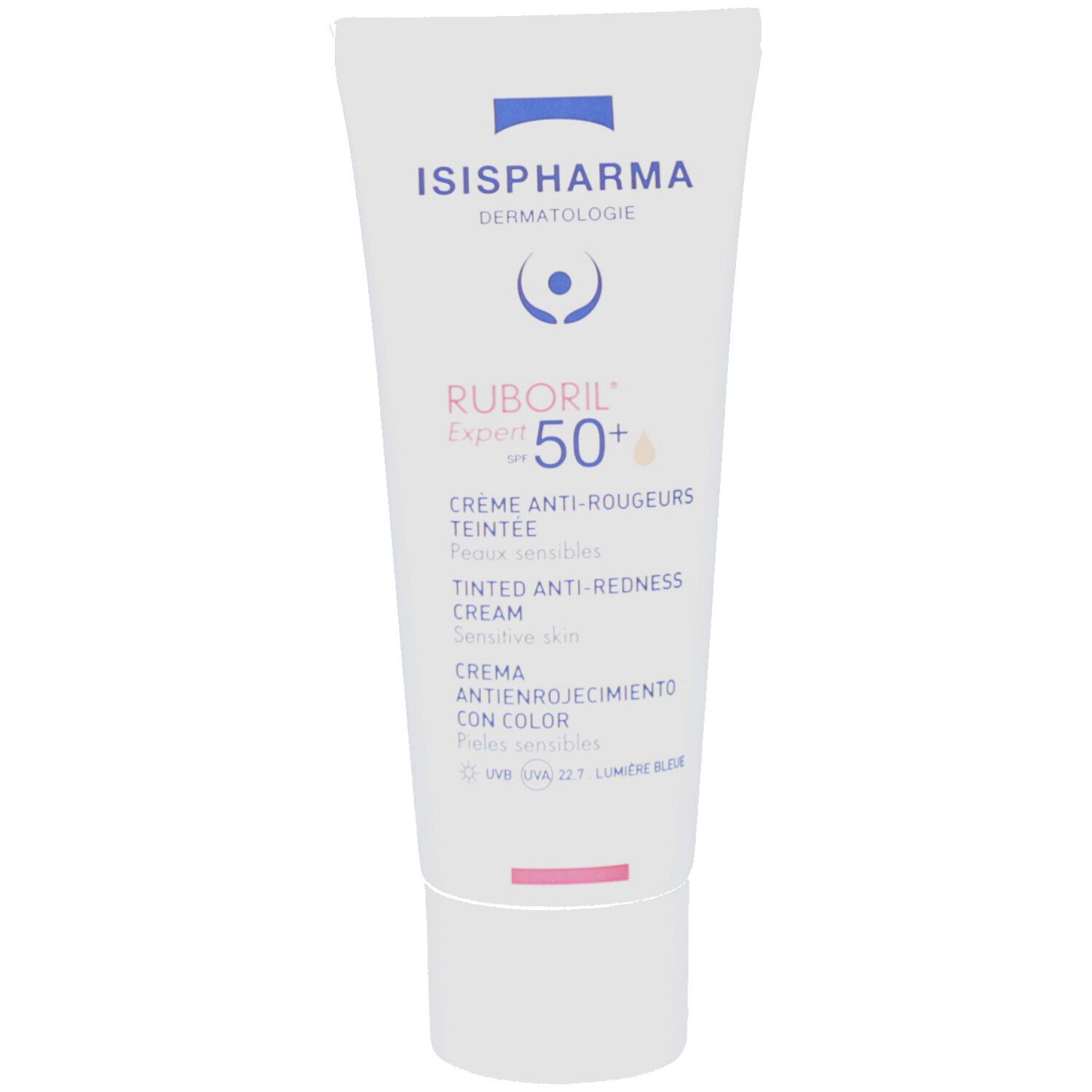 Witte tube ISISPHARMA Ruboril Expert SPF50+. Crème anti-rougeurs teintée, gevoelige huid. UV-bescherming. Witte dop.