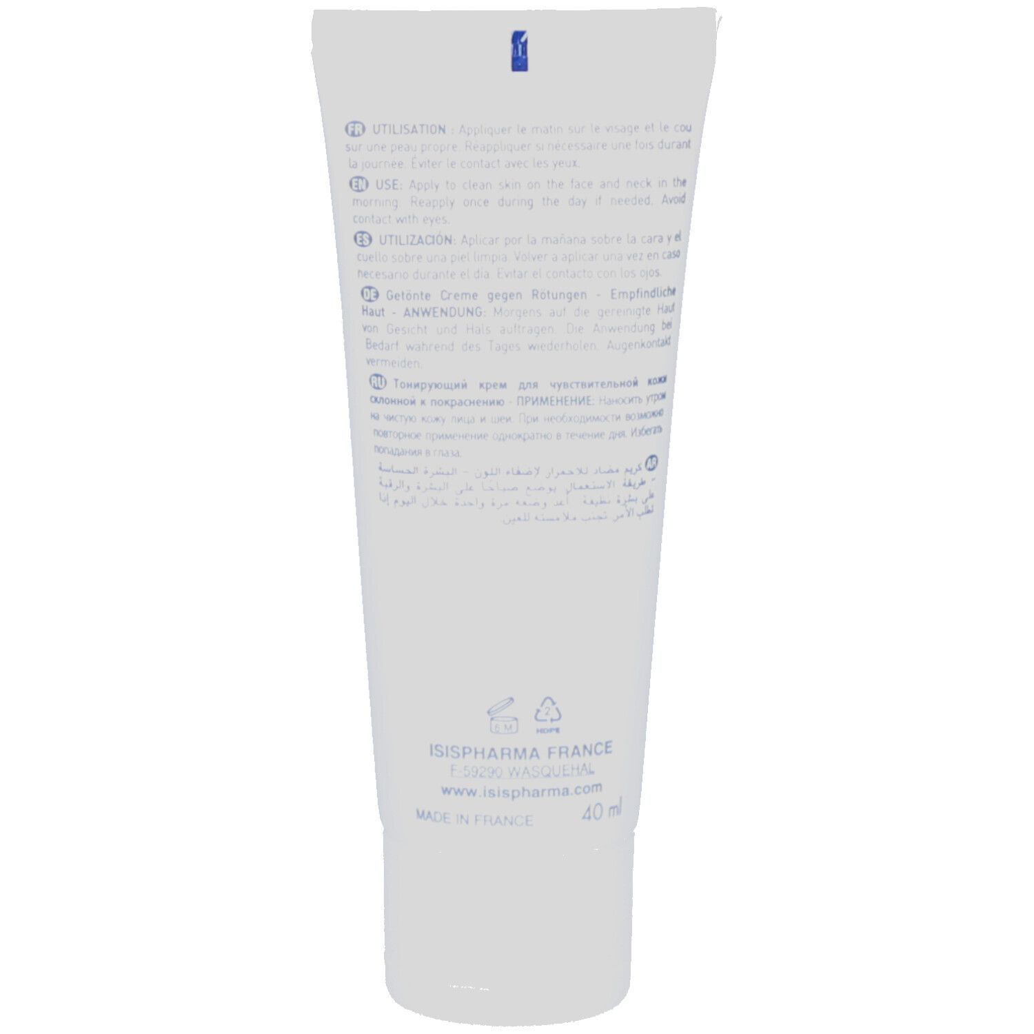 Achterkant witte tube. Meertalige tekst: Gebruik, ingrediënten, ISISPHARMA-adres, 40 ml. Gemaakt in Frankrijk.