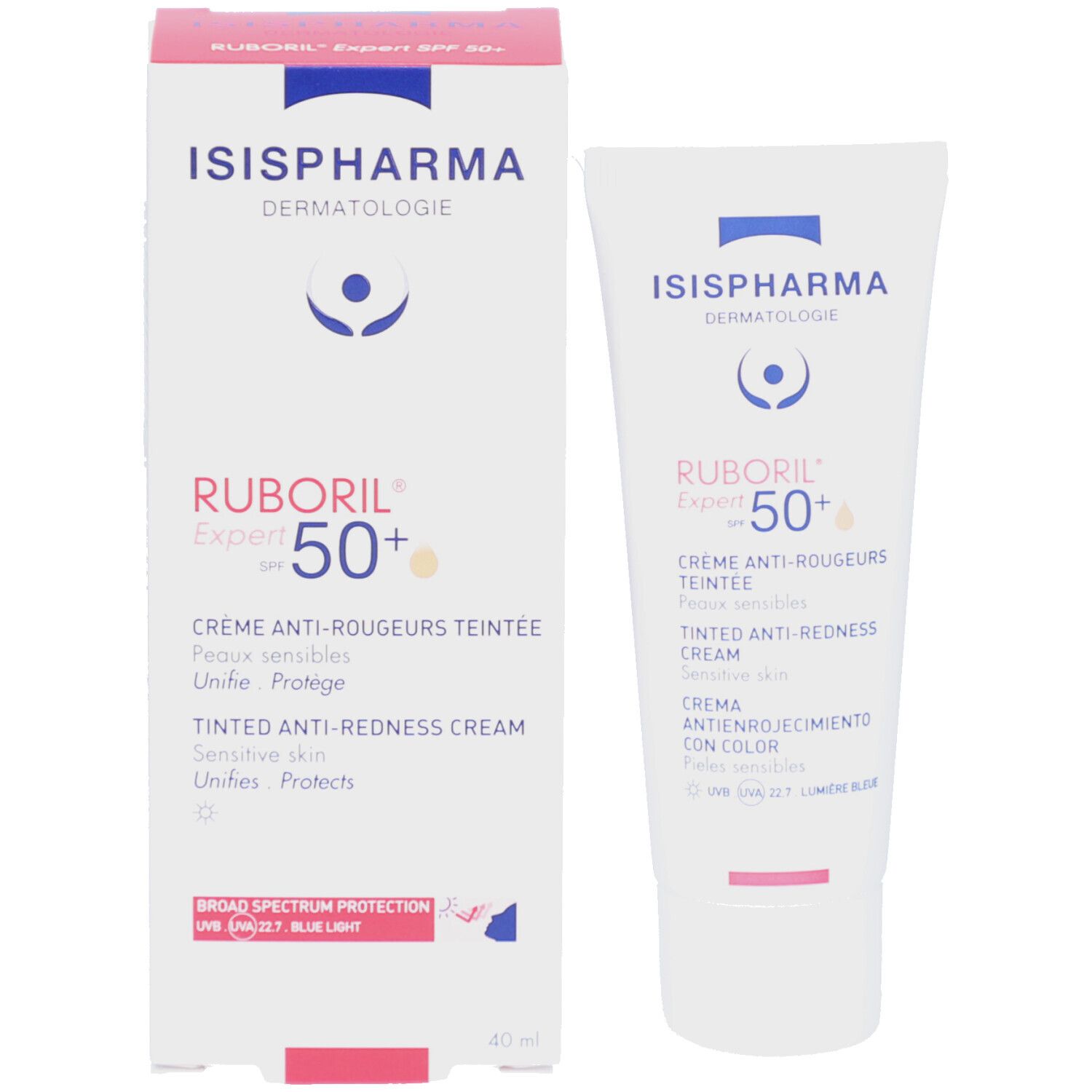 Verpakking en tube. ISISPHARMA Ruboril Expert SPF50+. Crème anti-rougeurs teintée, gevoelige huid. 40 ml.