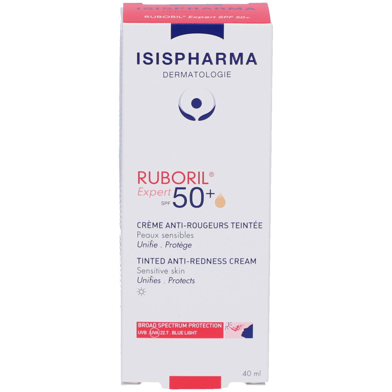 Verpakking. ISISPHARMA Ruboril Expert SPF50+. Crème anti-rougeurs teintée, gevoelige huid. 40 ml.
