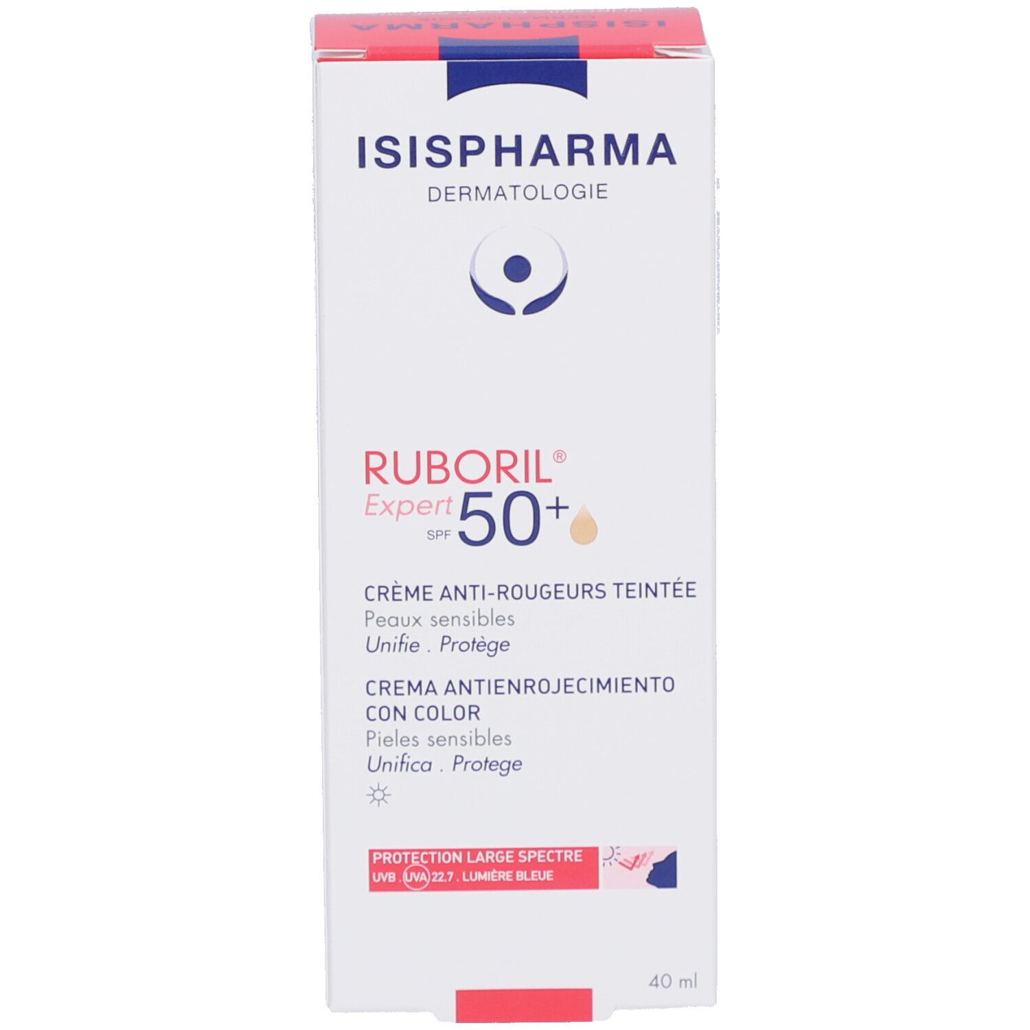Verpakking. ISISPHARMA Ruboril Expert SPF50+. Crème anti-rougeurs teintée, gevoelige huid. 40 ml.
