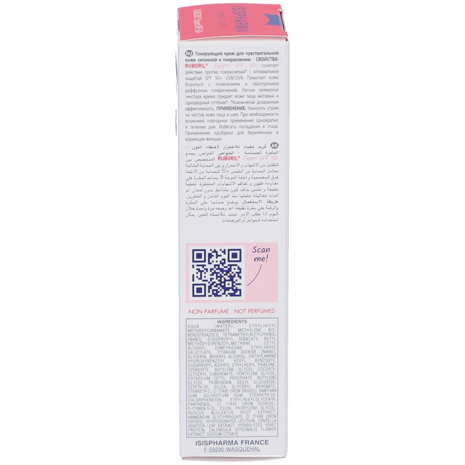 Zijkant van de verpakking. Tekst: Ingrediënten, QR-code, ISISPHARMA-adres. Niet geparfumeerd.