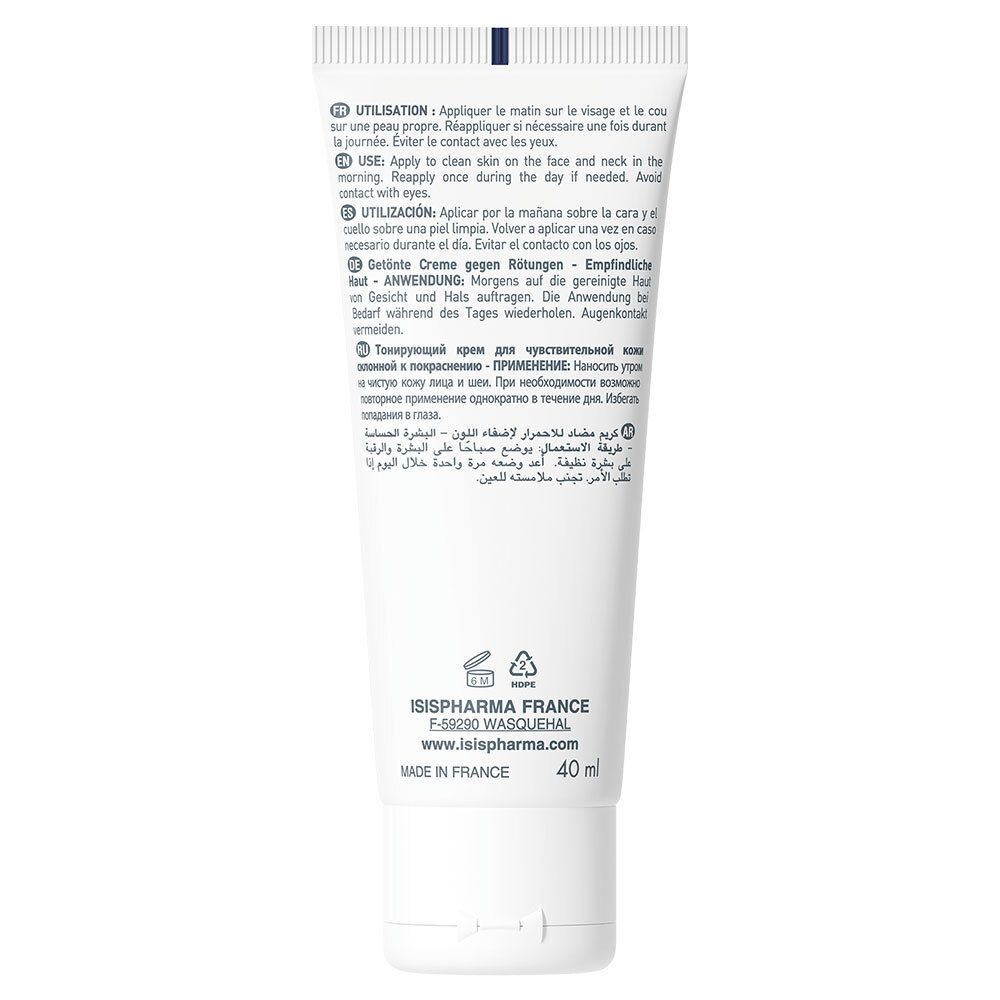Achterkant witte tube. Meertalige tekst: Gebruik, ingrediënten, ISISPHARMA-adres, 40 ml. Gemaakt in Frankrijk.